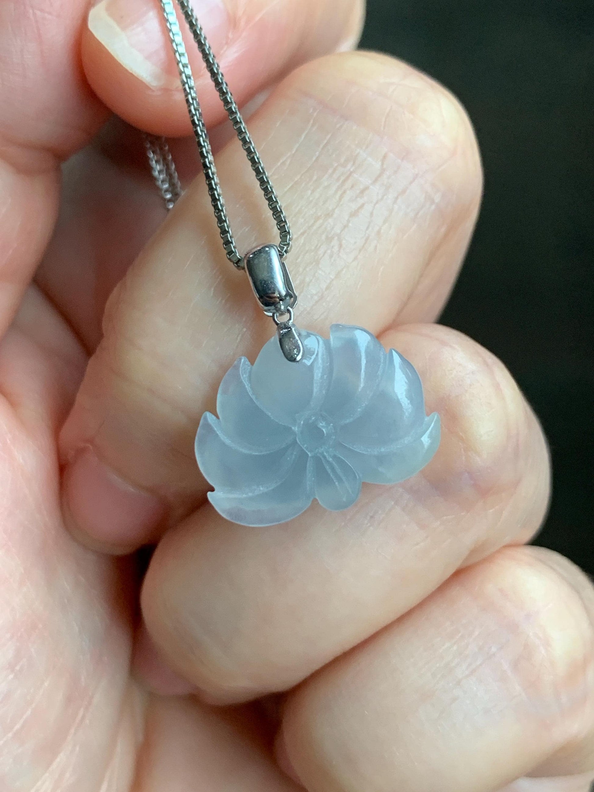 Natural Grade A Icy Translucent Gelatinous Dusty Pastel Blue Jade Jadeite Lotus Flower Pendant 18K White Gold Bail 天然冰胶淡蓝灰翡翠莲花镶嵌吊坠 DLH-242