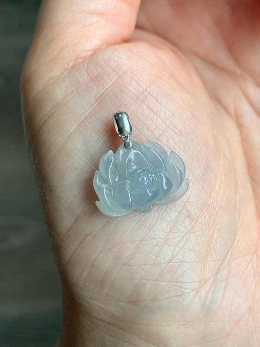 Natural Grade A Icy Translucent Gelatinous Dusty Pastel Blue Jade Jadeite Lotus Flower Pendant 18K White Gold Bail 天然冰胶淡蓝灰翡翠莲花镶嵌吊坠 DLH-242