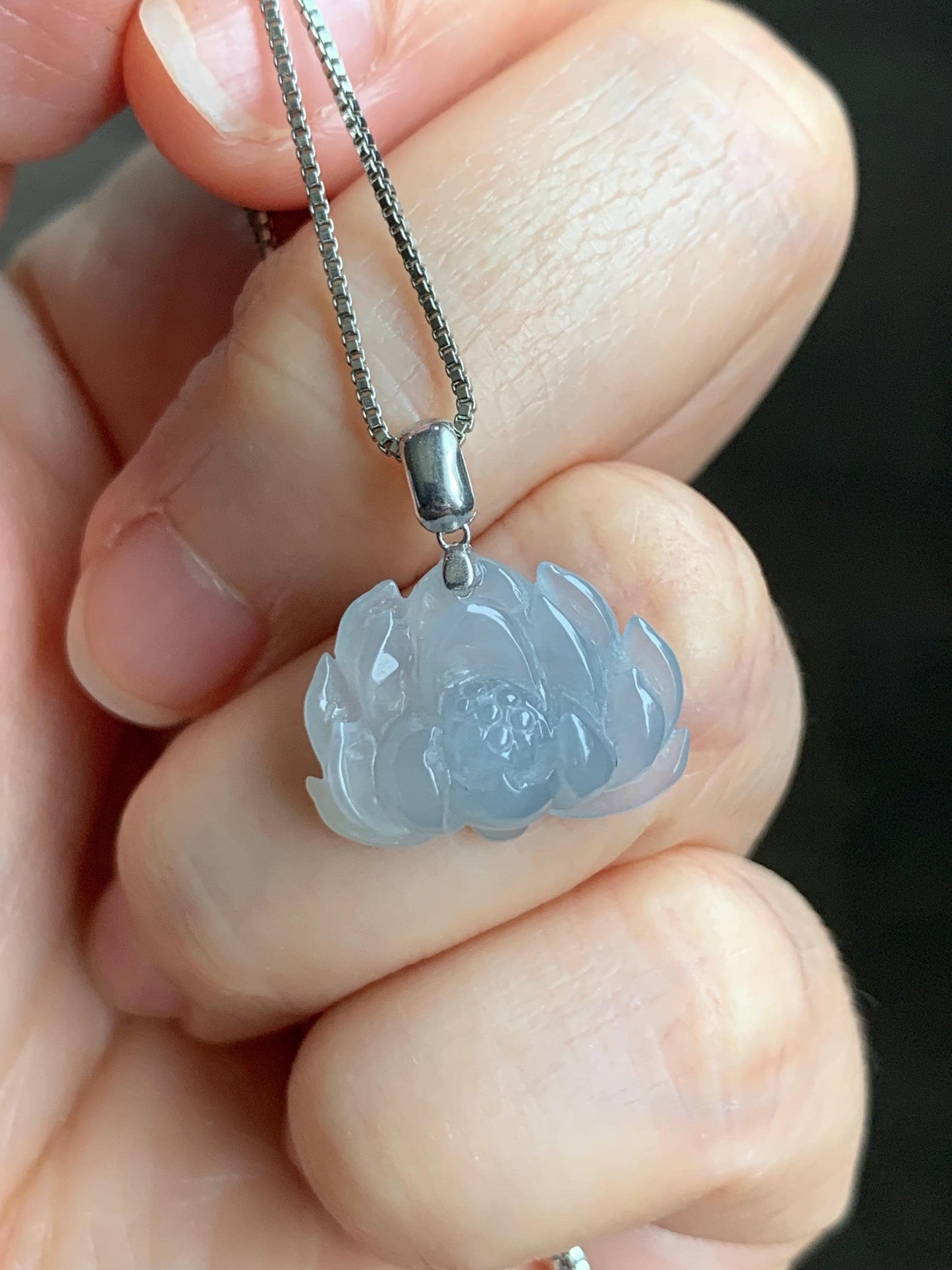 Natural Grade A Icy Translucent Gelatinous Dusty Pastel Blue Jade Jadeite Lotus Flower Pendant 18K White Gold Bail 天然冰胶淡蓝灰翡翠莲花镶嵌吊坠 DLH-242