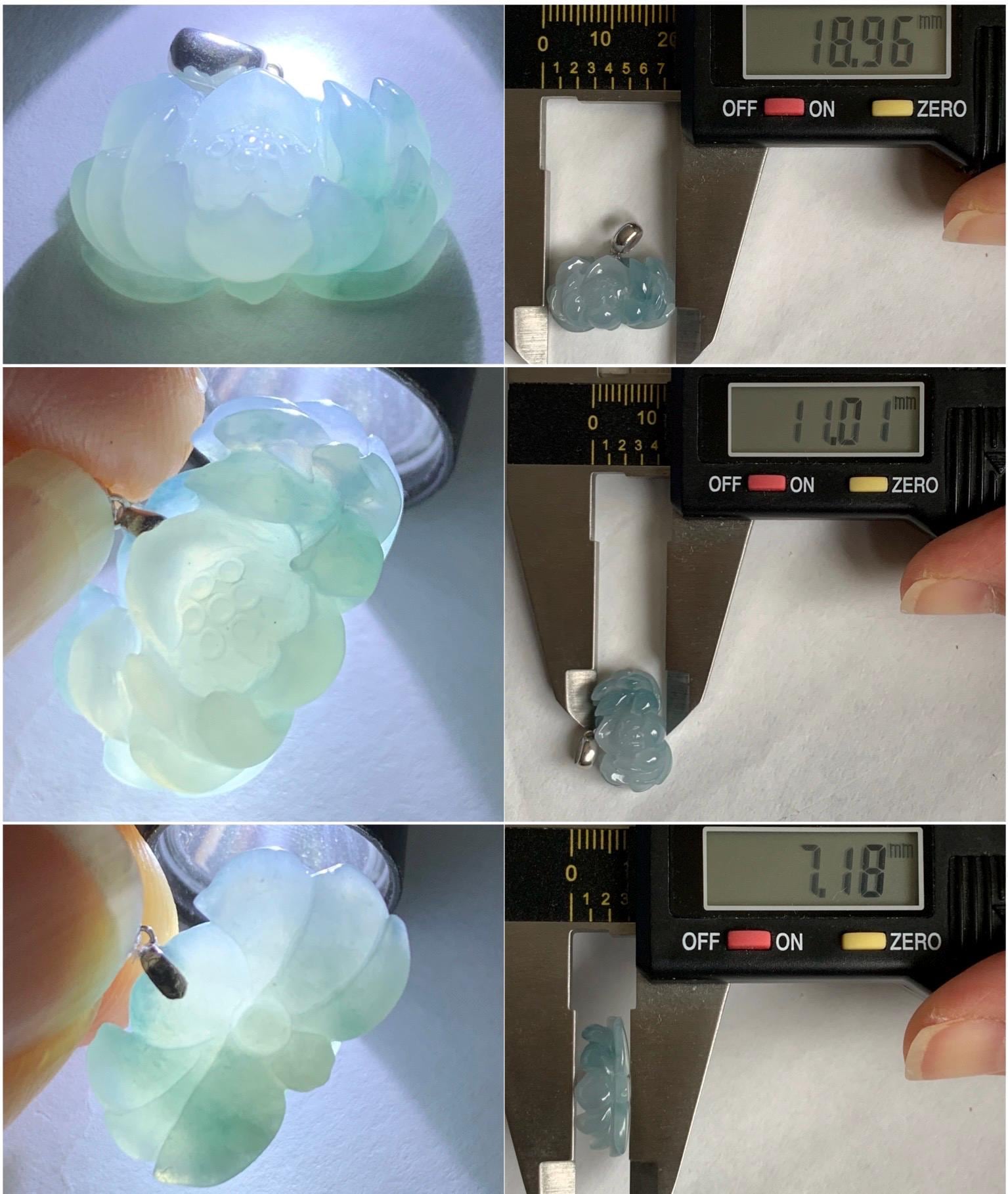 Natural Grade A Icy Translucent Gelatinous Blue Marbled Jade Jadeite Lotus Flower Pendant 18K White Gold Bail 天然冰胶飘蓝花翡翠莲花镶嵌吊坠 BLH-242