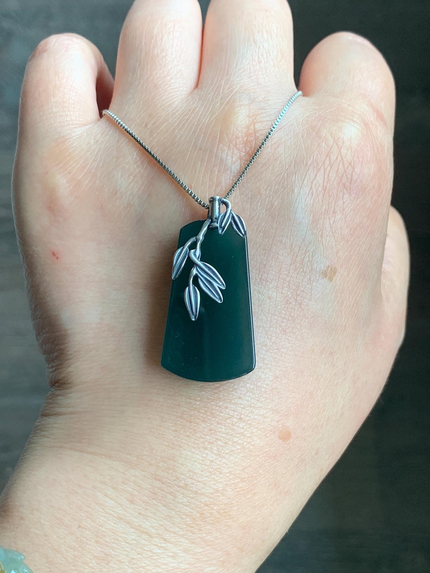 Natural Grade A Guatemalan Icy Translucent Dark Teal Green Jade Jadeite Wu Shi Pai Pendant Sterling Silver 9g 天然冰危深湖水绿翡翠梯形无事牌竹节吊坠 ZYW100