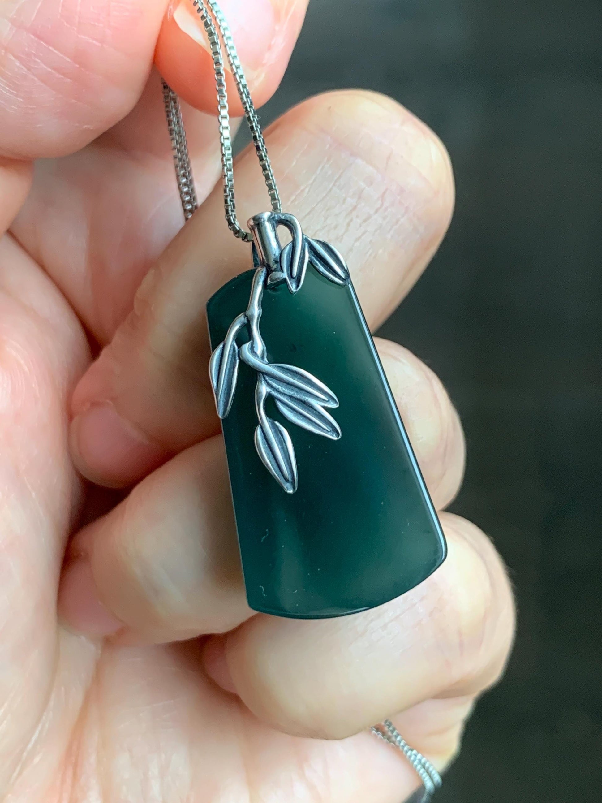 Natural Grade A Guatemalan Icy Translucent Dark Teal Green Jade Jadeite Wu Shi Pai Pendant Sterling Silver 9g 天然冰危深湖水绿翡翠梯形无事牌竹节吊坠 ZYW100