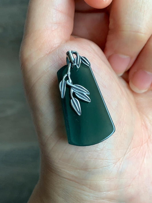 Natural Grade A Guatemalan Icy Translucent Dark Teal Green Jade Jadeite Wu Shi Pai Pendant Sterling Silver 9g 天然冰危深湖水绿翡翠梯形无事牌竹节吊坠 ZYW100