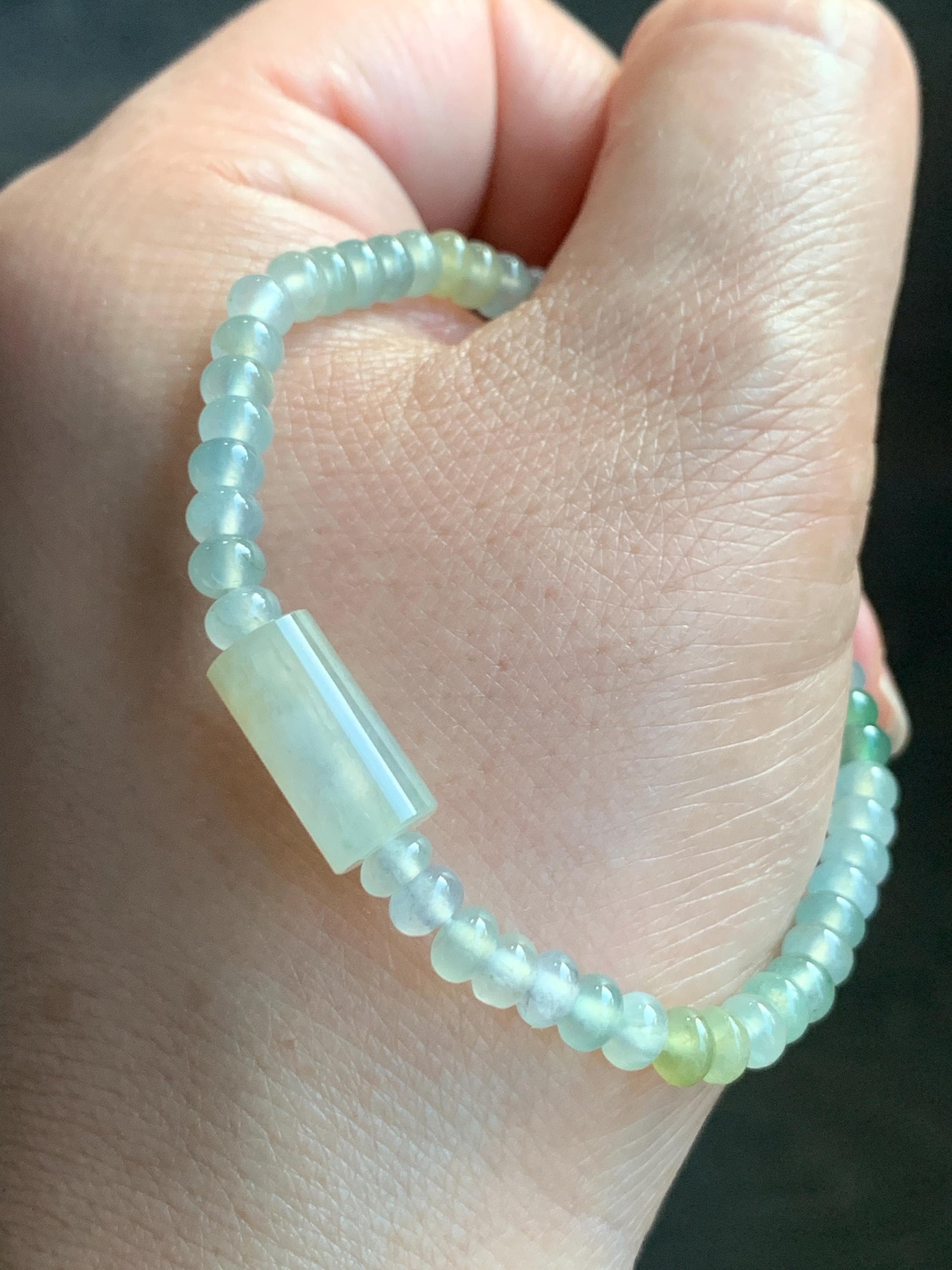 Natural Grade A Icy Highly Translucent Pastel Green Jadeite Petite Drum Beads Barrel Bead Beaded Bracelet 6.5” 8g 天然冰胶起光晴底翡翠小鼓珠桶珠手串 BQT242
