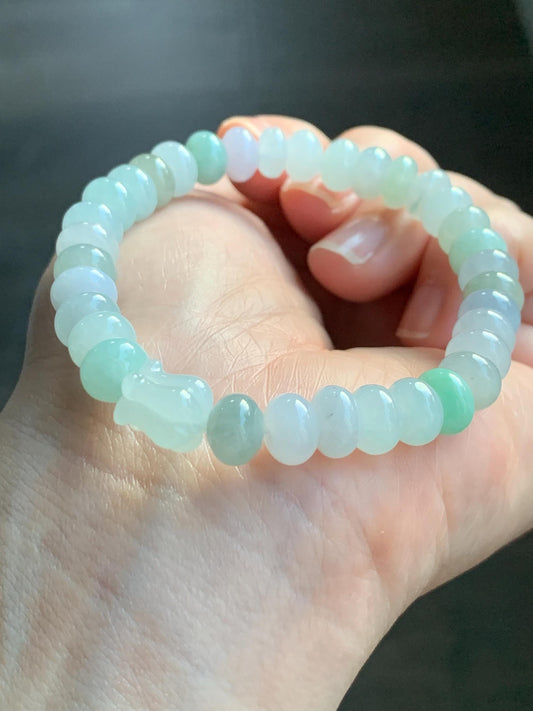 Natural Grade A Icy Translucent Multicolored Jadeite Flat Beads Carved Tulip Flower Charm Beaded Bracelet 7.25" 23g 天然冰多宝翡翠算盘珠郁金香珠手串 DBH-W
