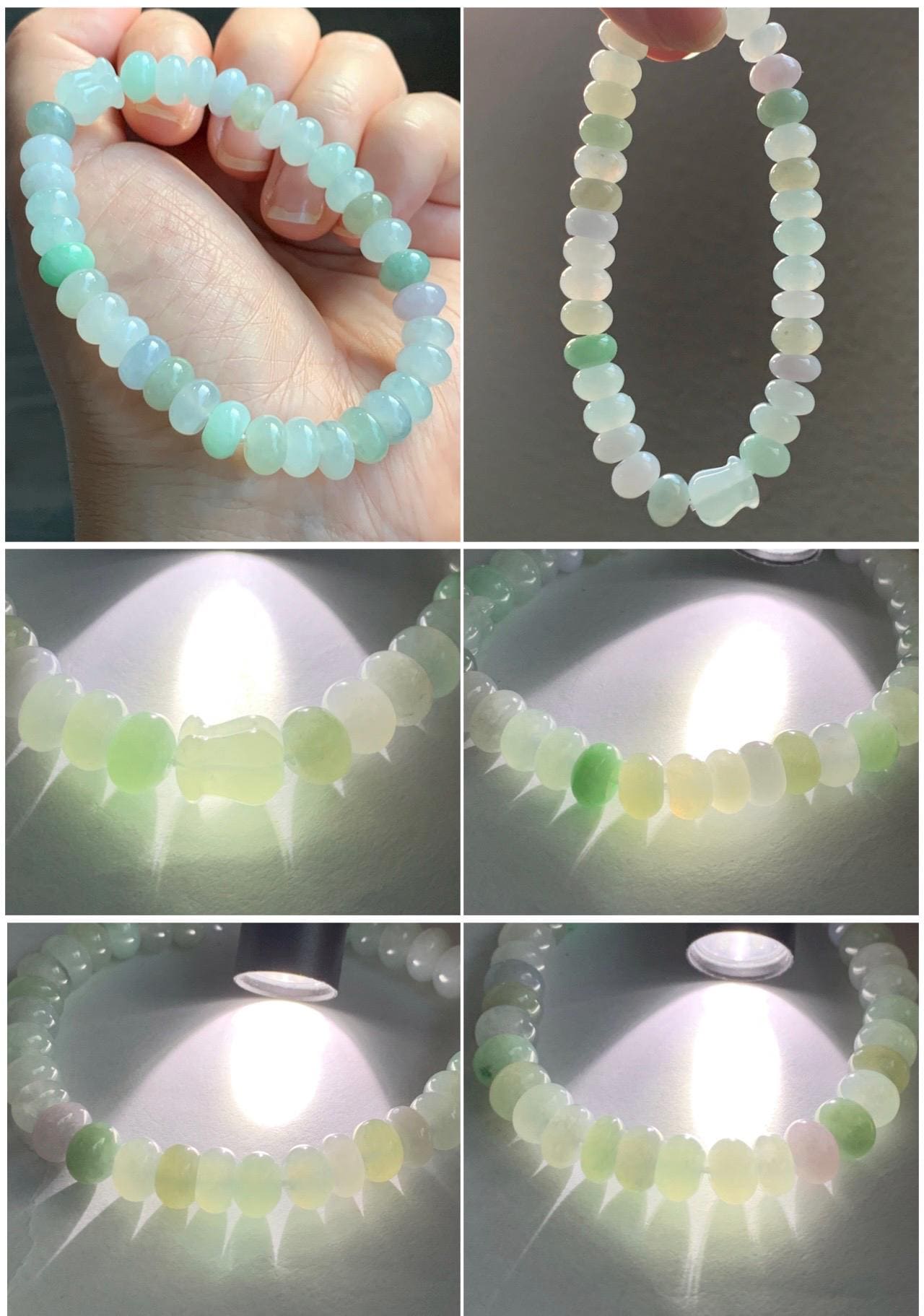 Natural Grade A Icy Translucent Multicolored Jadeite Flat Beads Carved Tulip Flower Charm Beaded Bracelet 7.25" 23g 天然冰多宝翡翠算盘珠郁金香珠手串 DBH-W
