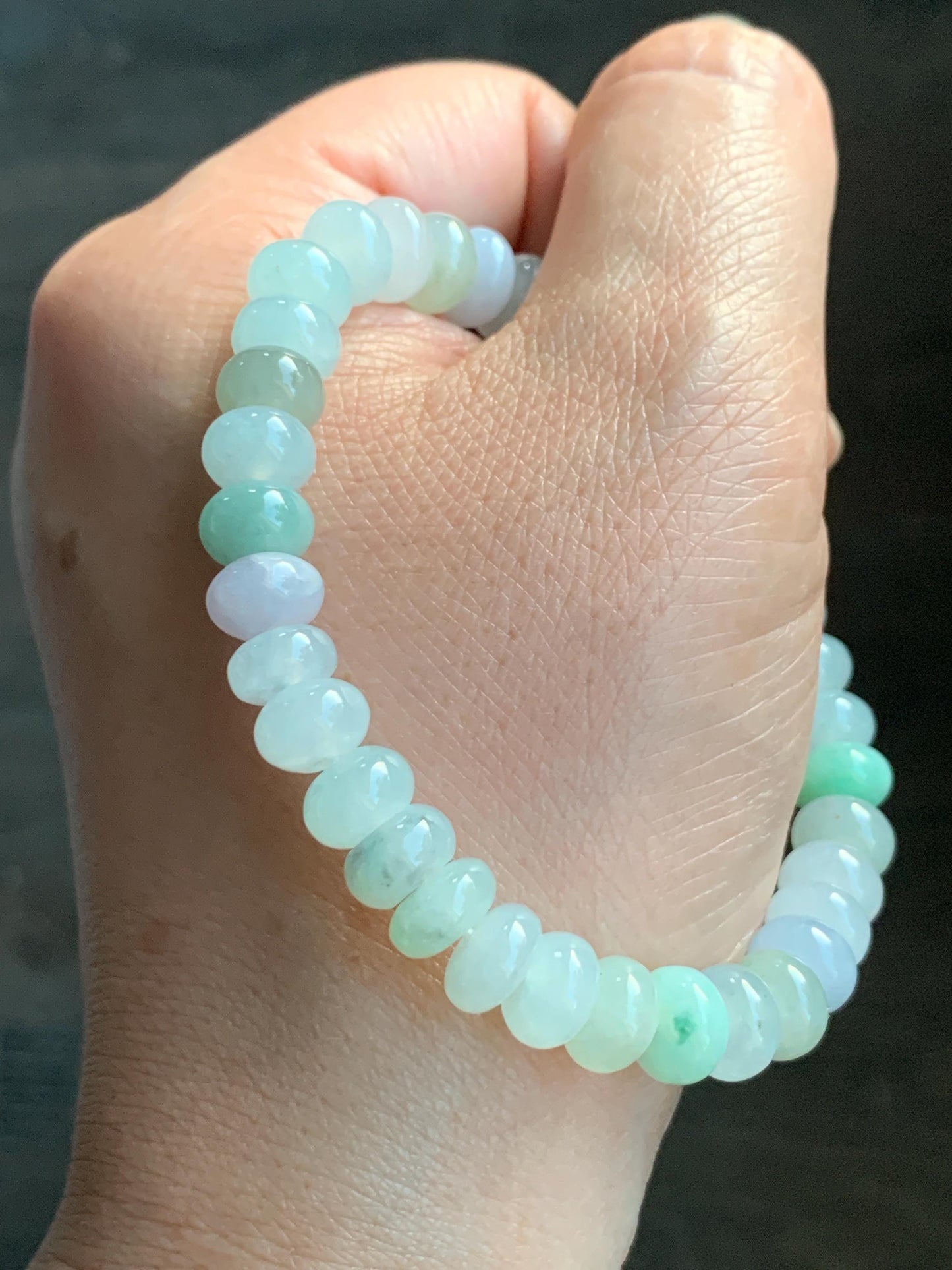 Natural Grade A Icy Translucent Multicolored Jadeite Flat Beads Carved Tulip Flower Charm Beaded Bracelet 7.25" 23g 天然冰多宝翡翠算盘珠郁金香珠手串 DBH-W