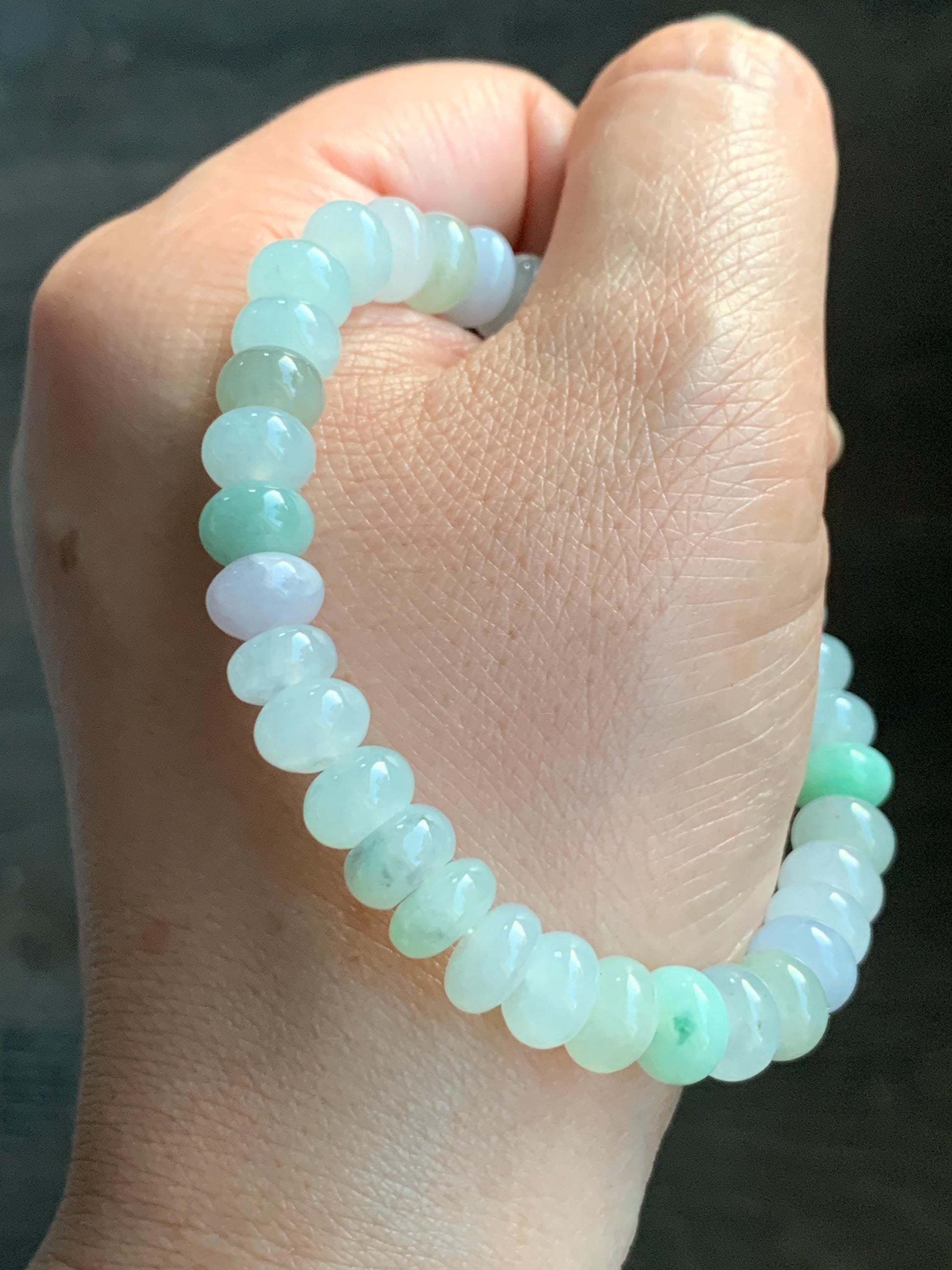 Natural Grade A Icy Translucent Multicolored Jadeite Flat Beads Carved Tulip Flower Charm Beaded Bracelet 7.25" 23g 天然冰多宝翡翠算盘珠郁金香珠手串 DBH-W
