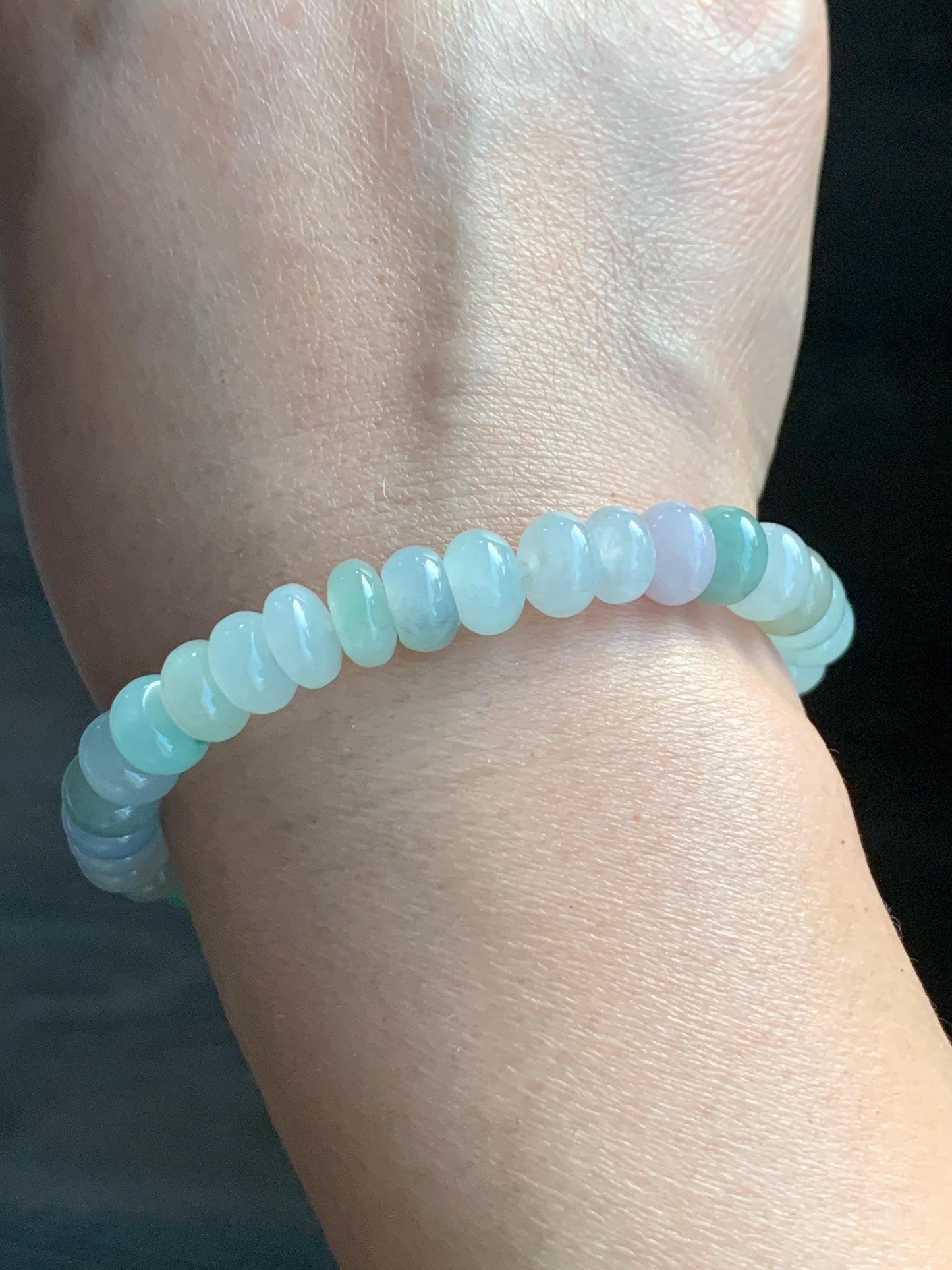 Natural Grade A Icy Translucent Multicolored Jadeite Flat Beads Carved Tulip Flower Charm Beaded Bracelet 7.25" 23g 天然冰多宝翡翠算盘珠郁金香珠手串 DBH-W