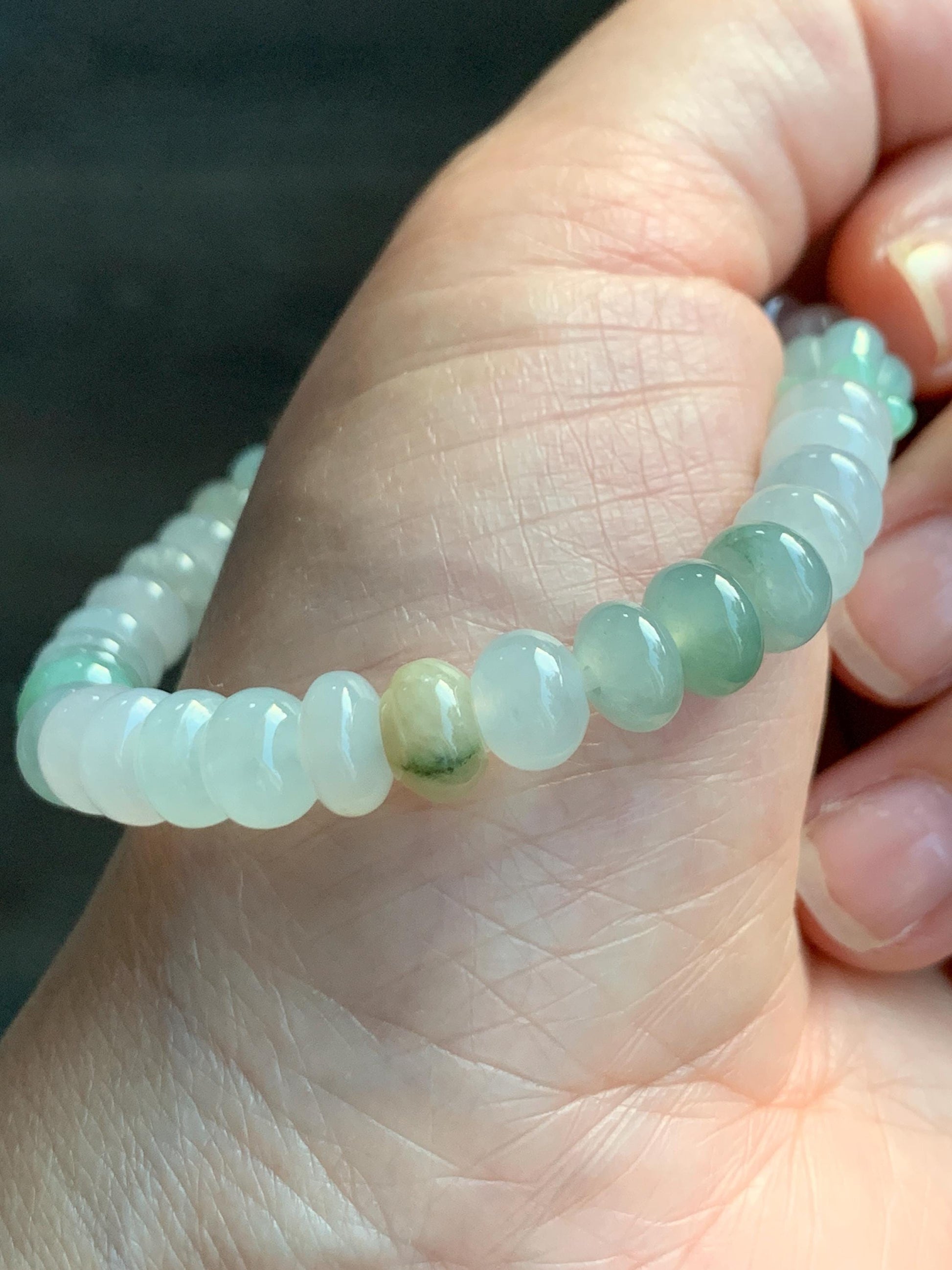 Natural Grade A Icy Translucent Multicolored Jadeite Flat Beads Carved Tulip Flower Charm Beaded Bracelet 6.75" 19g 天然冰多宝翡翠算盘珠郁金香珠手串 DBH-G