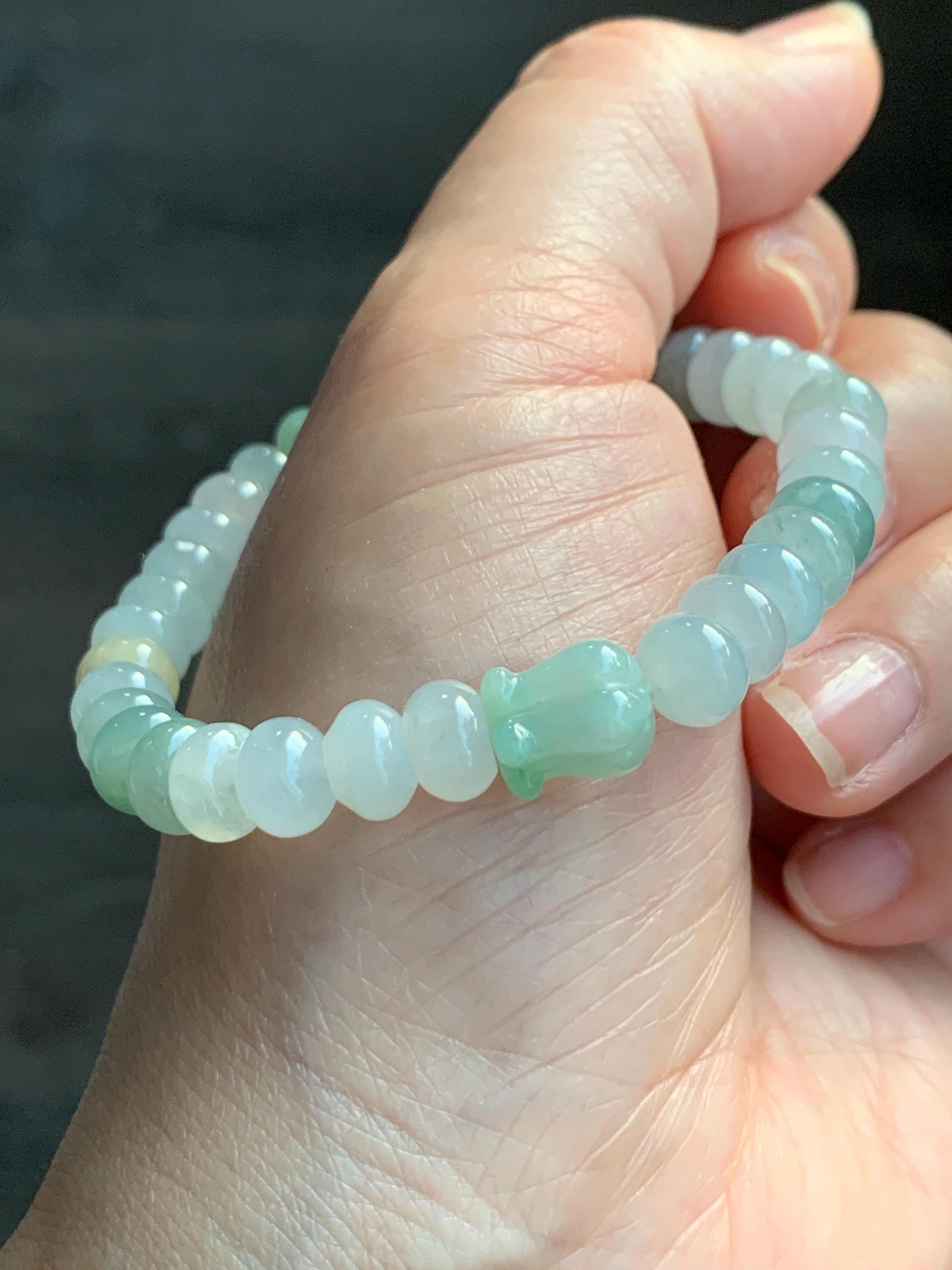 Natural Grade A Icy Translucent Multicolored Jadeite Flat Beads Carved Tulip Flower Charm Beaded Bracelet 6.75" 19g 天然冰多宝翡翠算盘珠郁金香珠手串 DBH-G