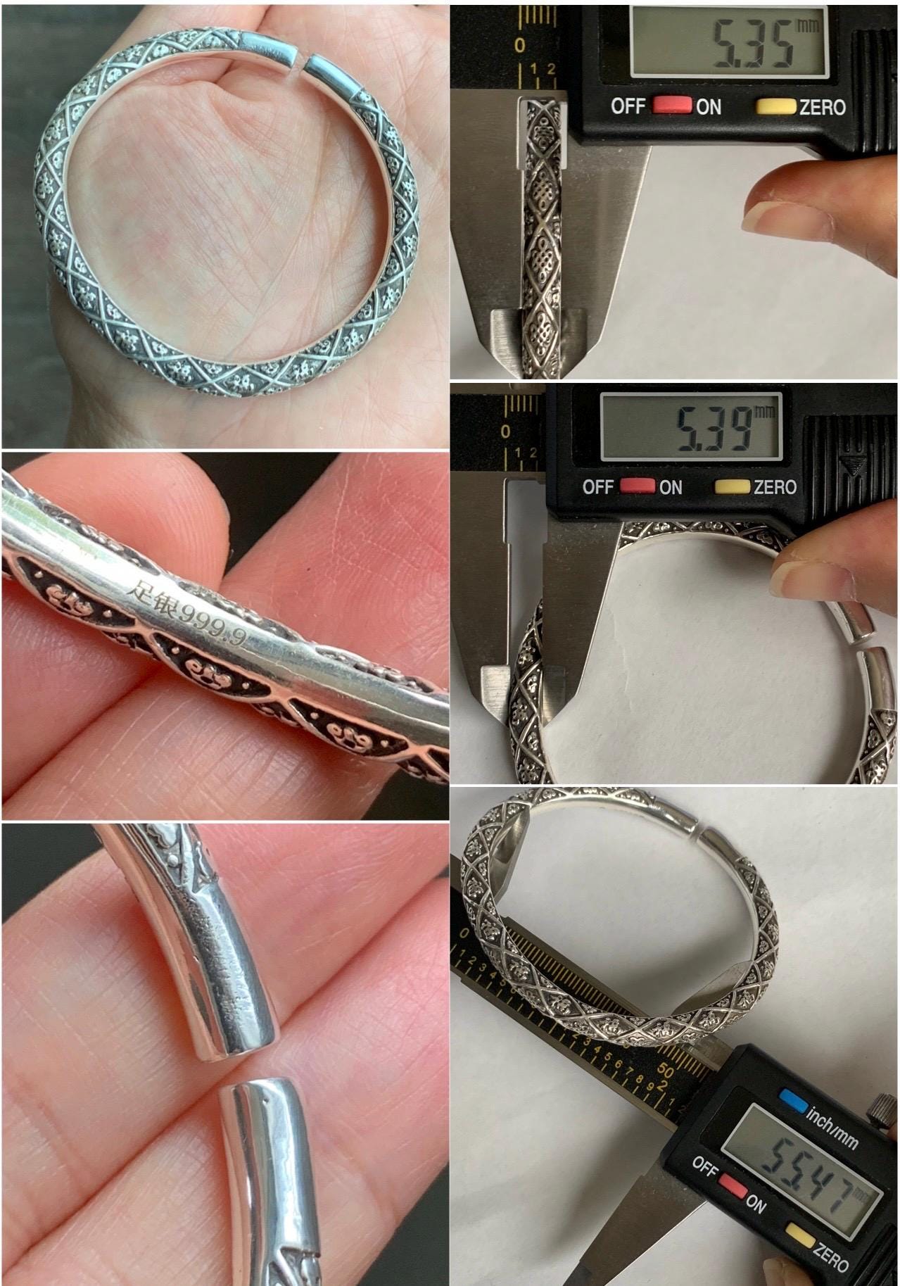 Solid 999 Sterling Silver Open Bangle Bracelet Chinese Knots & Happiness Engraving 40 grams Adjustable 纯足银999中国结福字开口手镯