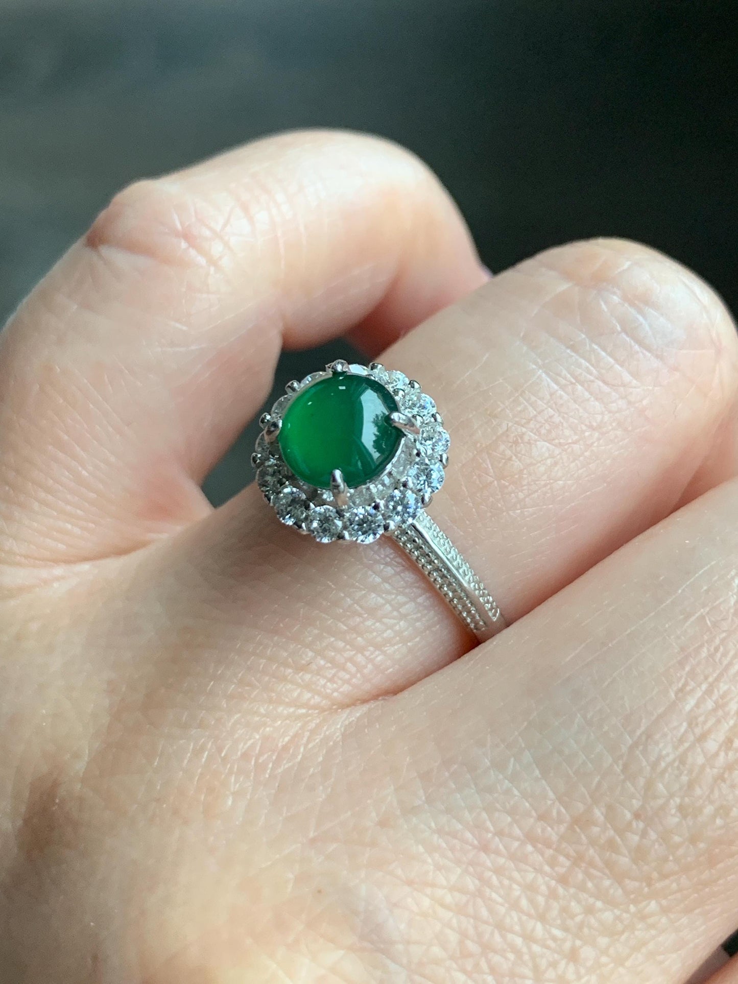 Natural Grade A Guatemalan Icy Translucent Vibrant Green Round Cabochon Jadeite Halo Ring Sterling Silver Size Adjustable 天然冰危绿翡翠银镶戒指 WLH88R