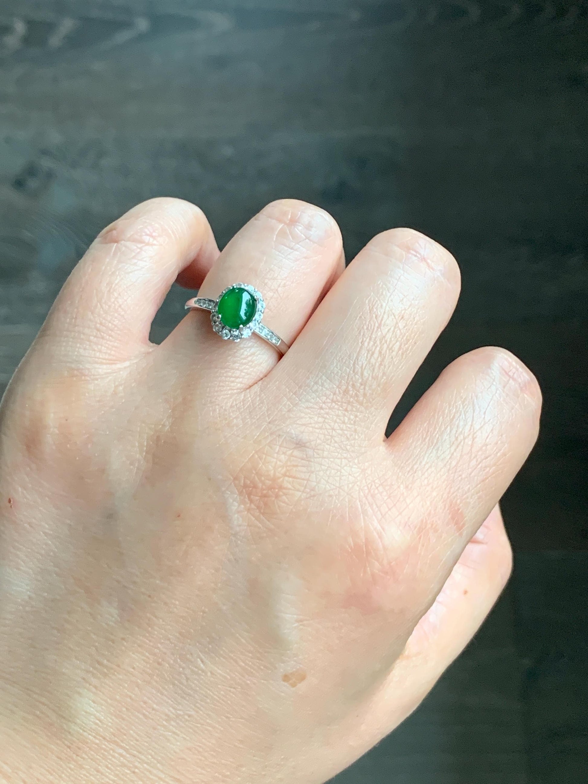 Natural Grade A Guatemalan Icy Translucent Vibrant Green Oval Cabochon Jadeite Halo Ring Sterling Silver Size Adjustable 天然冰危绿翡翠银镶戒指 WLH88T