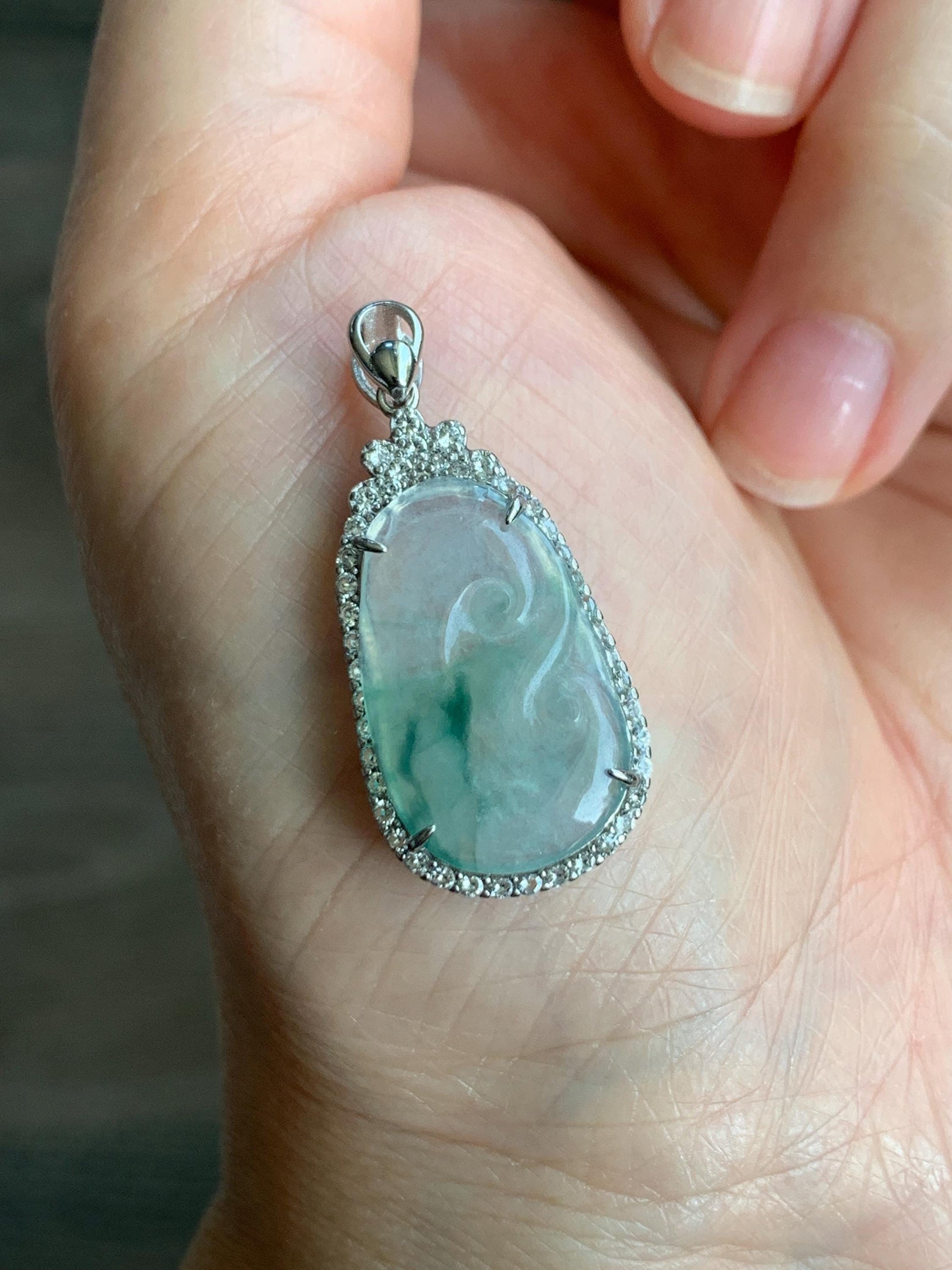 Small Natural Grade A Icy Highly Translucent Gelatinous Green Marbled Jadeite Ruyi Pendant S925 Sterling Silver 天然冰胶飘绿花翡翠如意银镶吊坠 YXR88-B