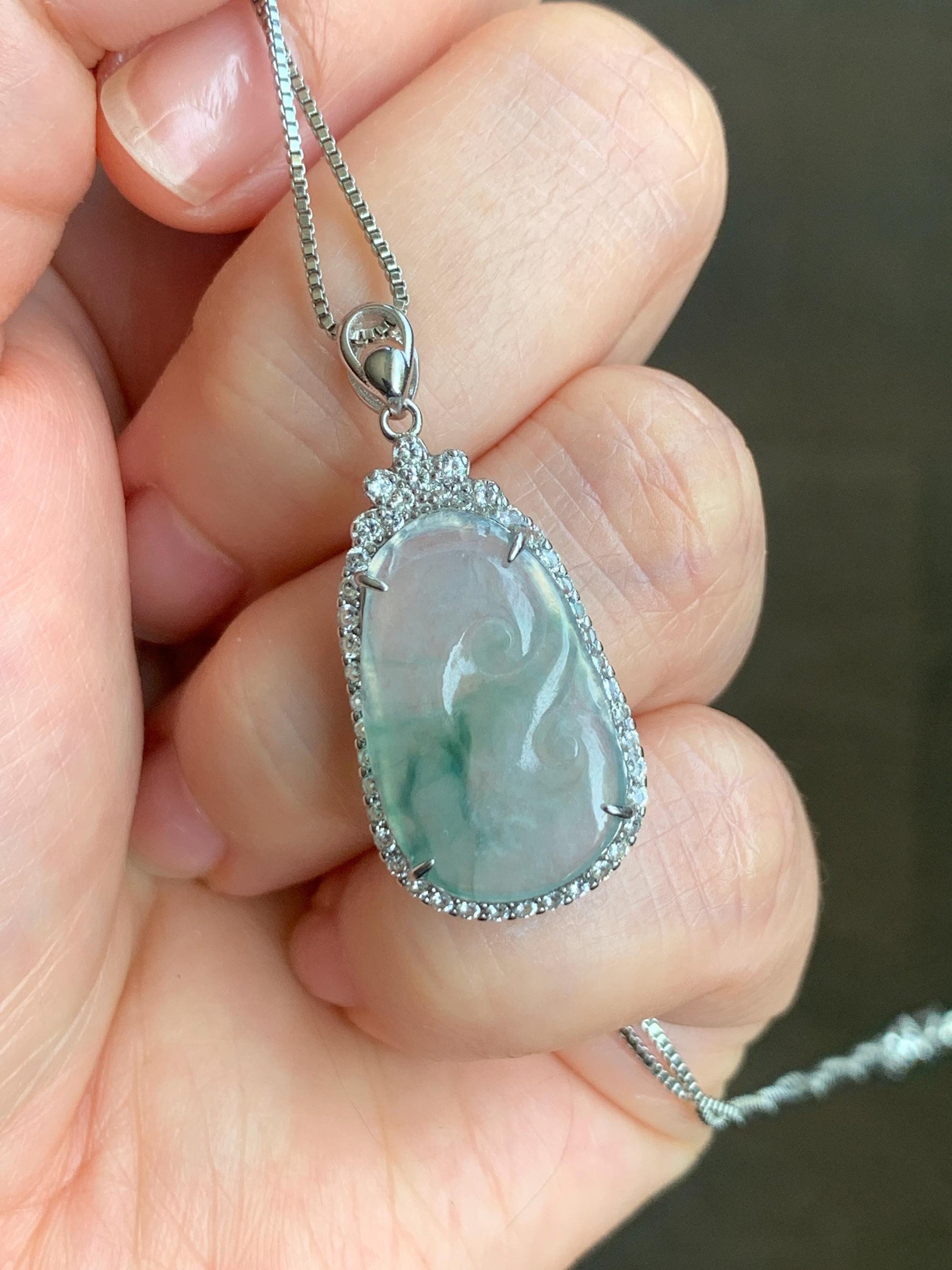 Small Natural Grade A Icy Highly Translucent Gelatinous Green Marbled Jadeite Ruyi Pendant S925 Sterling Silver 天然冰胶飘绿花翡翠如意银镶吊坠 YXR88-B