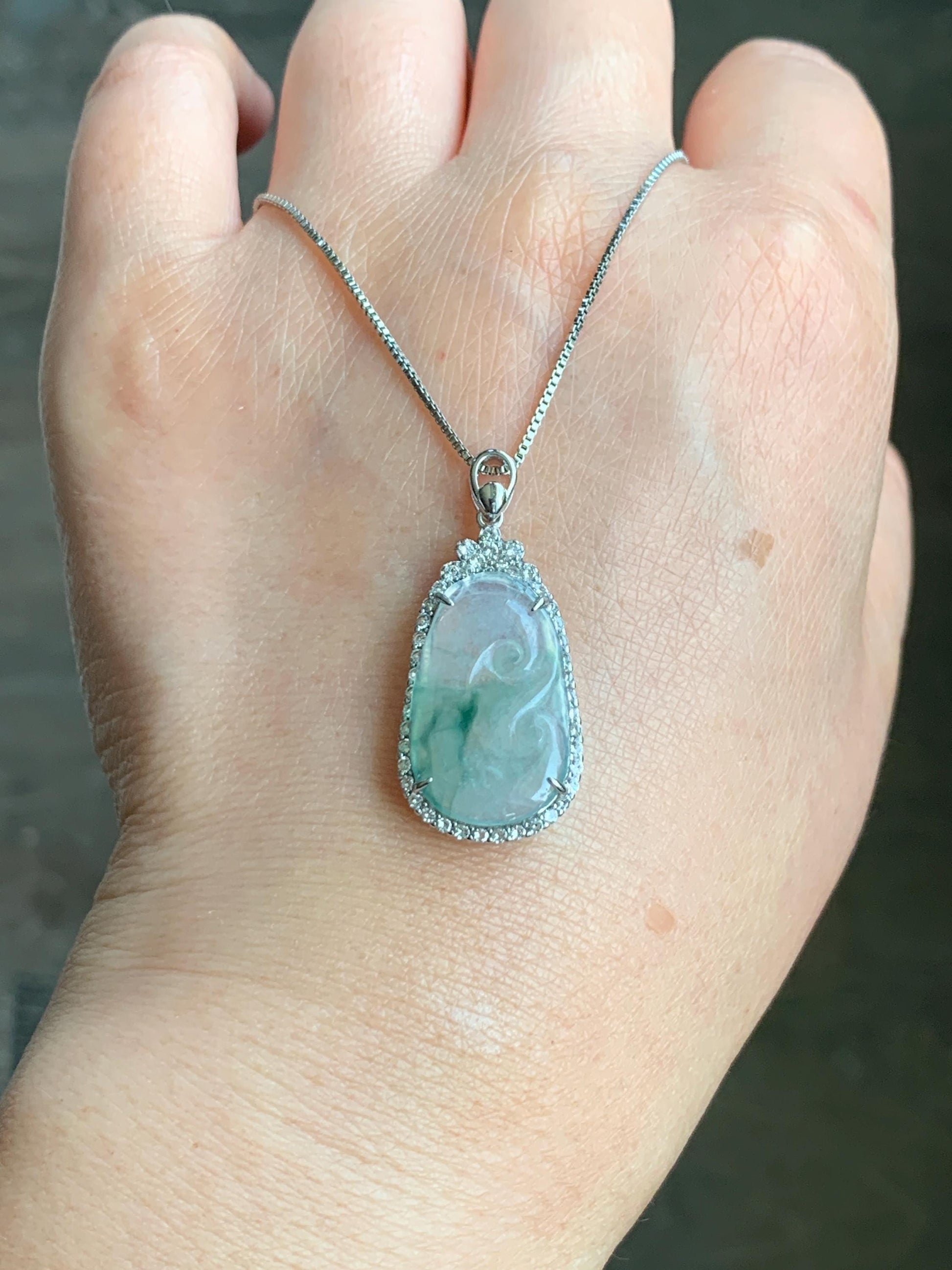 Small Natural Grade A Icy Highly Translucent Gelatinous Green Marbled Jadeite Ruyi Pendant S925 Sterling Silver 天然冰胶飘绿花翡翠如意银镶吊坠 YXR88-B