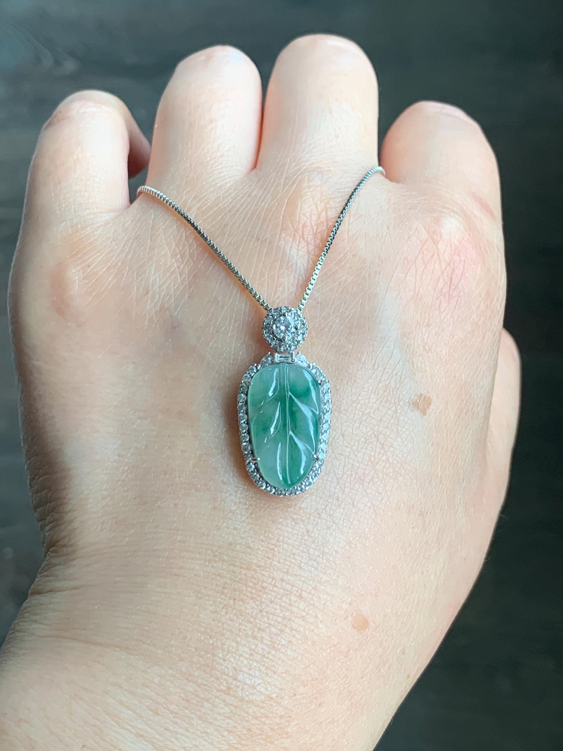Small Natural Grade A Icy Highly Translucent Gelatinous Green Marbled Jadeite Leaf Pendant S925 Sterling Silver 天然冰胶飘绿花翡翠叶子银镶吊坠 YXR88-C