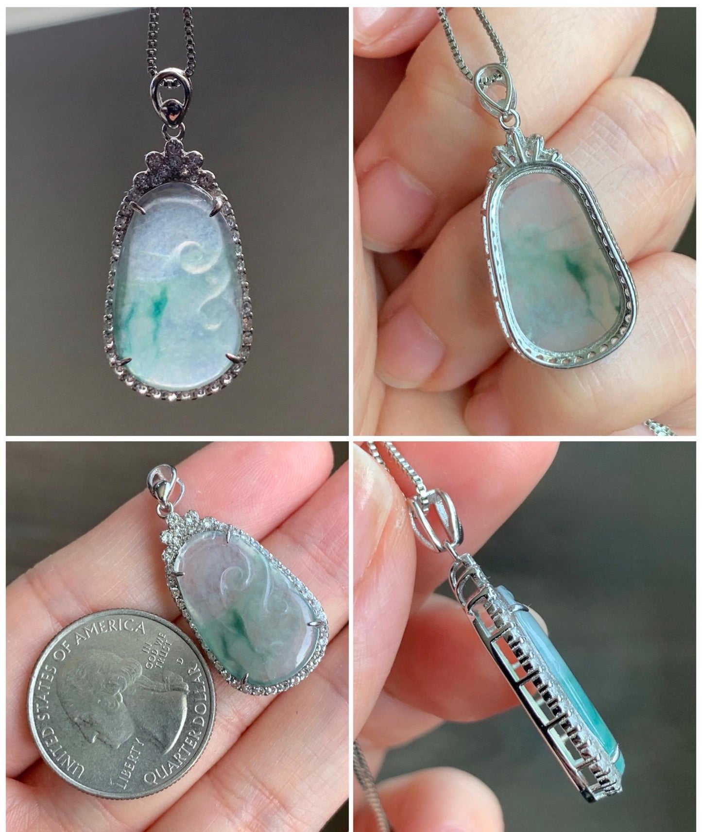 Small Natural Grade A Icy Highly Translucent Gelatinous Green Marbled Jadeite Ruyi Pendant S925 Sterling Silver 天然冰胶飘绿花翡翠如意银镶吊坠 YXR88-B