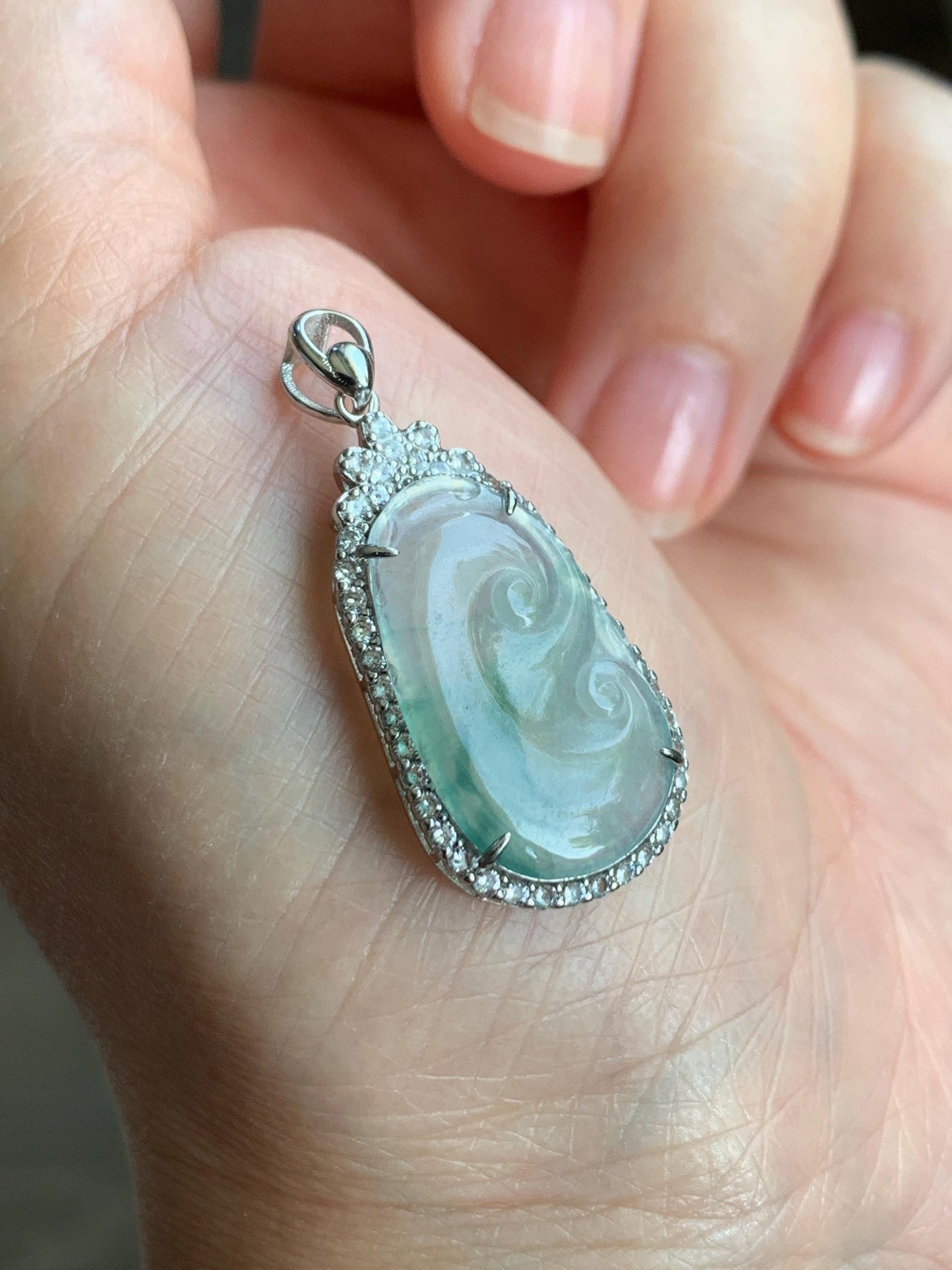 Small Natural Grade A Icy Highly Translucent Gelatinous Green Marbled Jadeite Ruyi Pendant S925 Sterling Silver 天然冰胶飘绿花翡翠如意银镶吊坠 YXR88-B