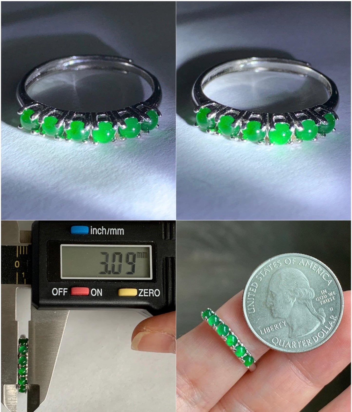 Natural Grade A Guatemalan Icy Translucent Vibrant Green 6-Stone Jade Jadeite Band Ring Sterling Silver Size Adjustable 天然冰危绿翡翠镶嵌排戒 LPJ77
