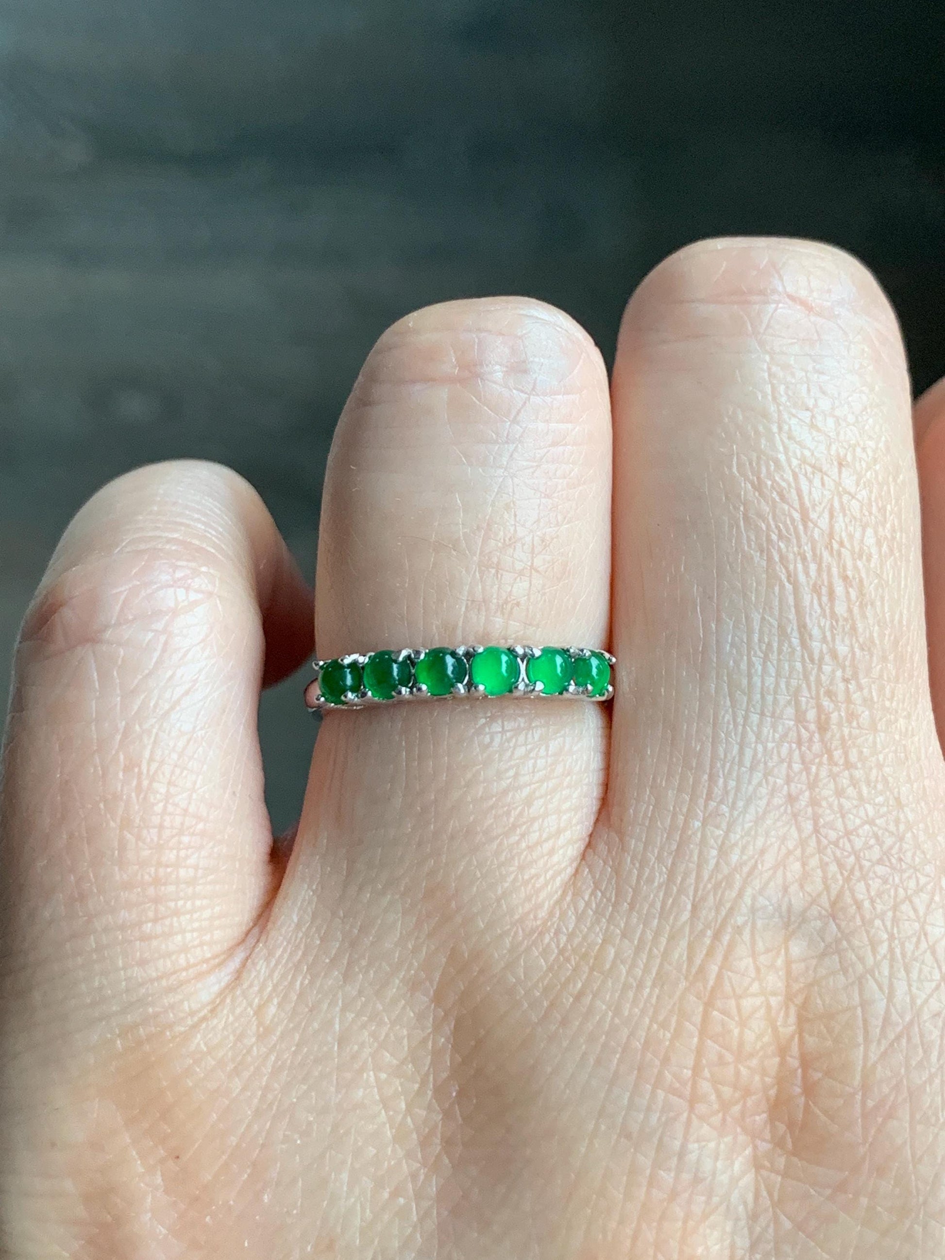 Natural Grade A Guatemalan Icy Translucent Vibrant Green 6-Stone Jade Jadeite Band Ring Sterling Silver Size Adjustable 天然冰危绿翡翠镶嵌排戒 LPJ77