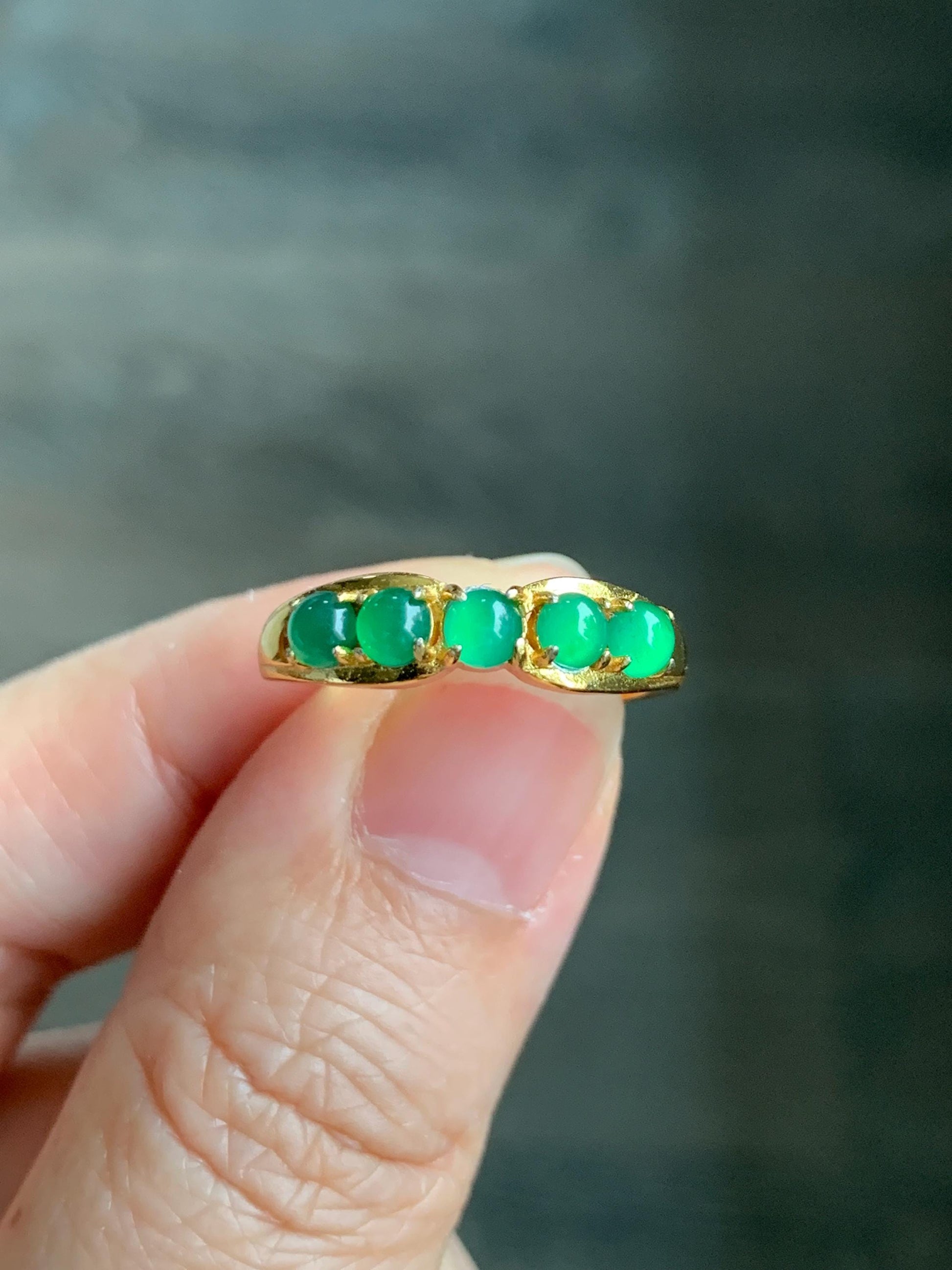 Natural Grade A Guatemalan Icy Translucent Vibrant Green 5-Stone Jade Jadeite Band Ring Sterling Silver Size Adjustable 天然冰危绿翡翠镶嵌排戒 WPJ77