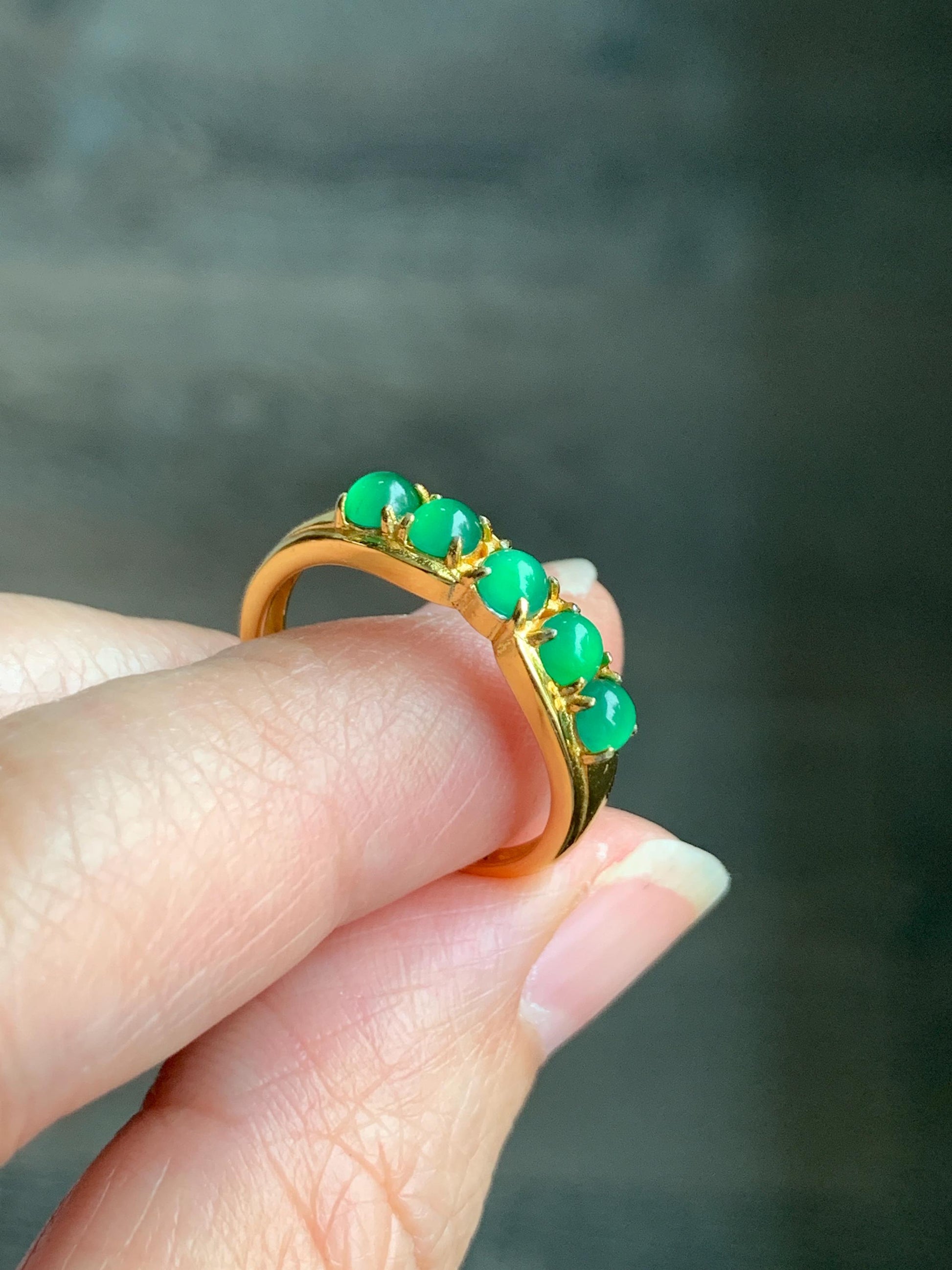 Natural Grade A Guatemalan Icy Translucent Vibrant Green 5-Stone Jade Jadeite Band Ring Sterling Silver Size Adjustable 天然冰危绿翡翠镶嵌排戒 WPJ77