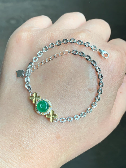 Natural Guatemalan Icy Translucent Vibrant Green Jadeite Mini Ping An Kou Donut Chain Bracelet Sterling Silver 天然冰危绿翡翠迷你平安扣银手链 PAL128J