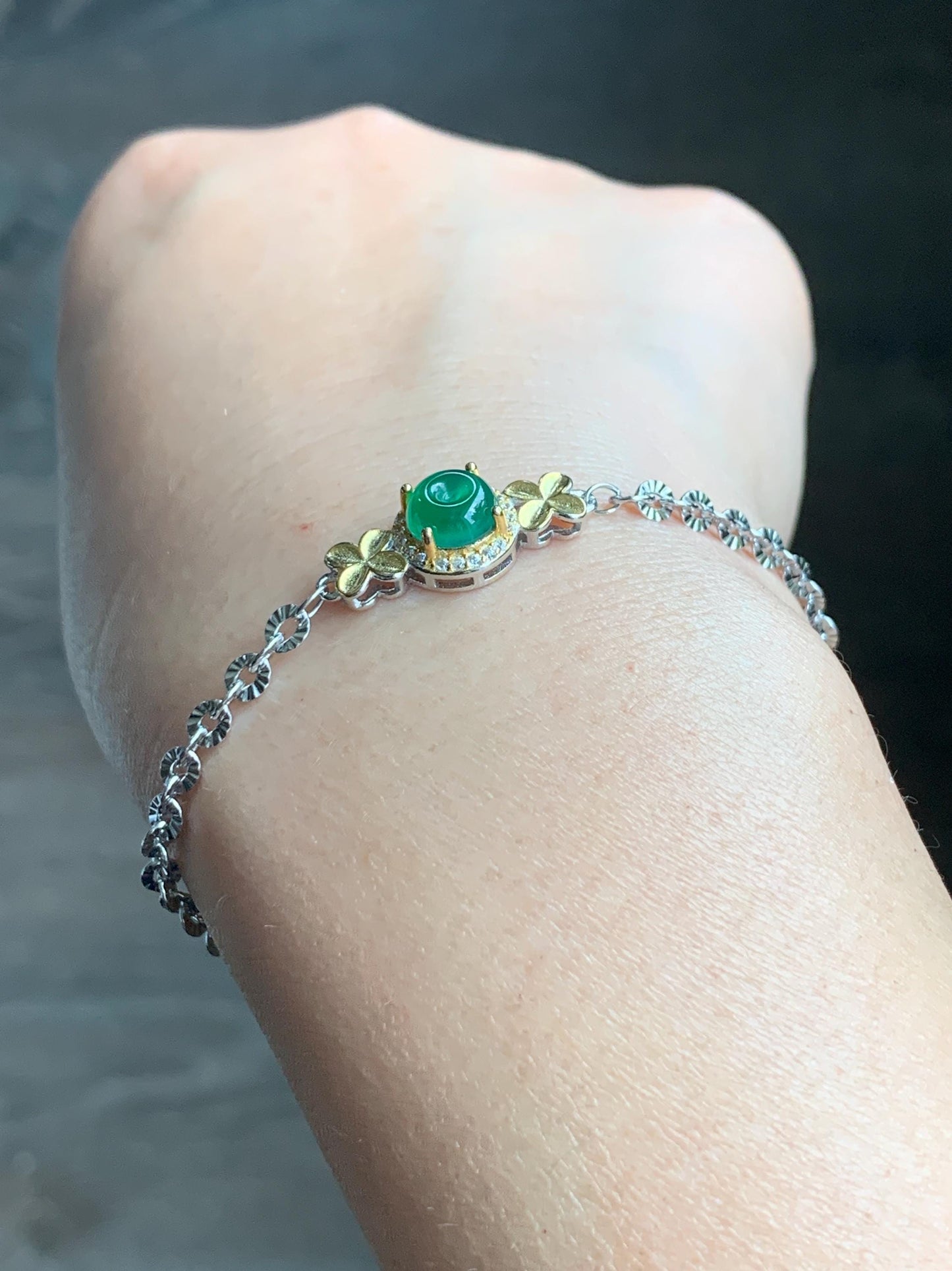 Natural Guatemalan Icy Translucent Vibrant Green Jadeite Mini Ping An Kou Donut Chain Bracelet Sterling Silver 天然冰危绿翡翠迷你平安扣银手链 PAL128J