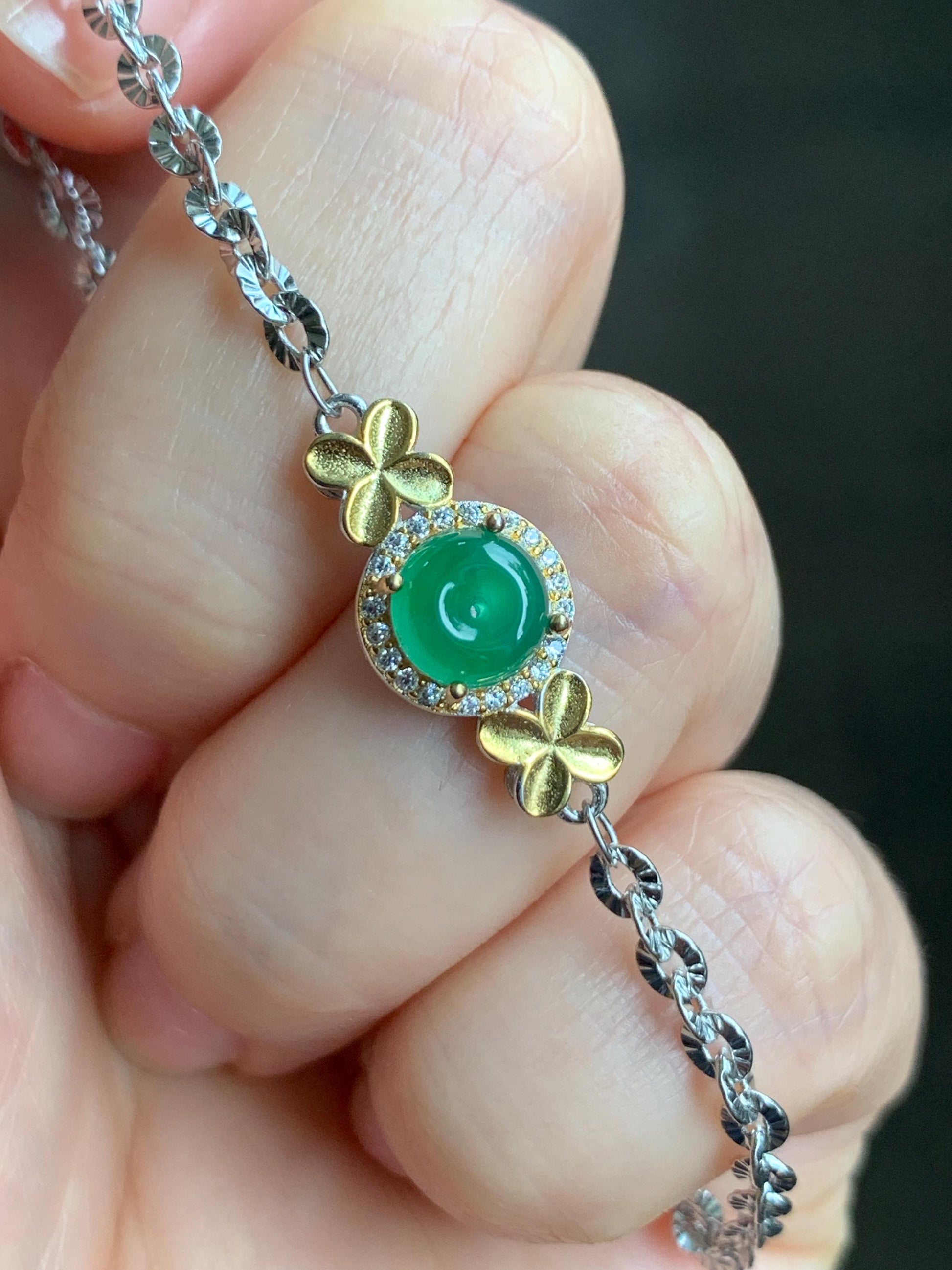 Natural Guatemalan Icy Translucent Vibrant Green Jadeite Mini Ping An Kou Donut Chain Bracelet Sterling Silver 天然冰危绿翡翠迷你平安扣银手链 PAL128J