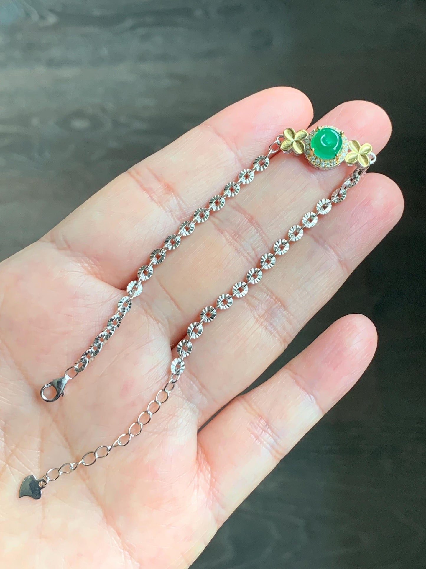 Natural Guatemalan Icy Translucent Vibrant Green Jadeite Mini Ping An Kou Donut Chain Bracelet Sterling Silver 天然冰危绿翡翠迷你平安扣银手链 PAL128J