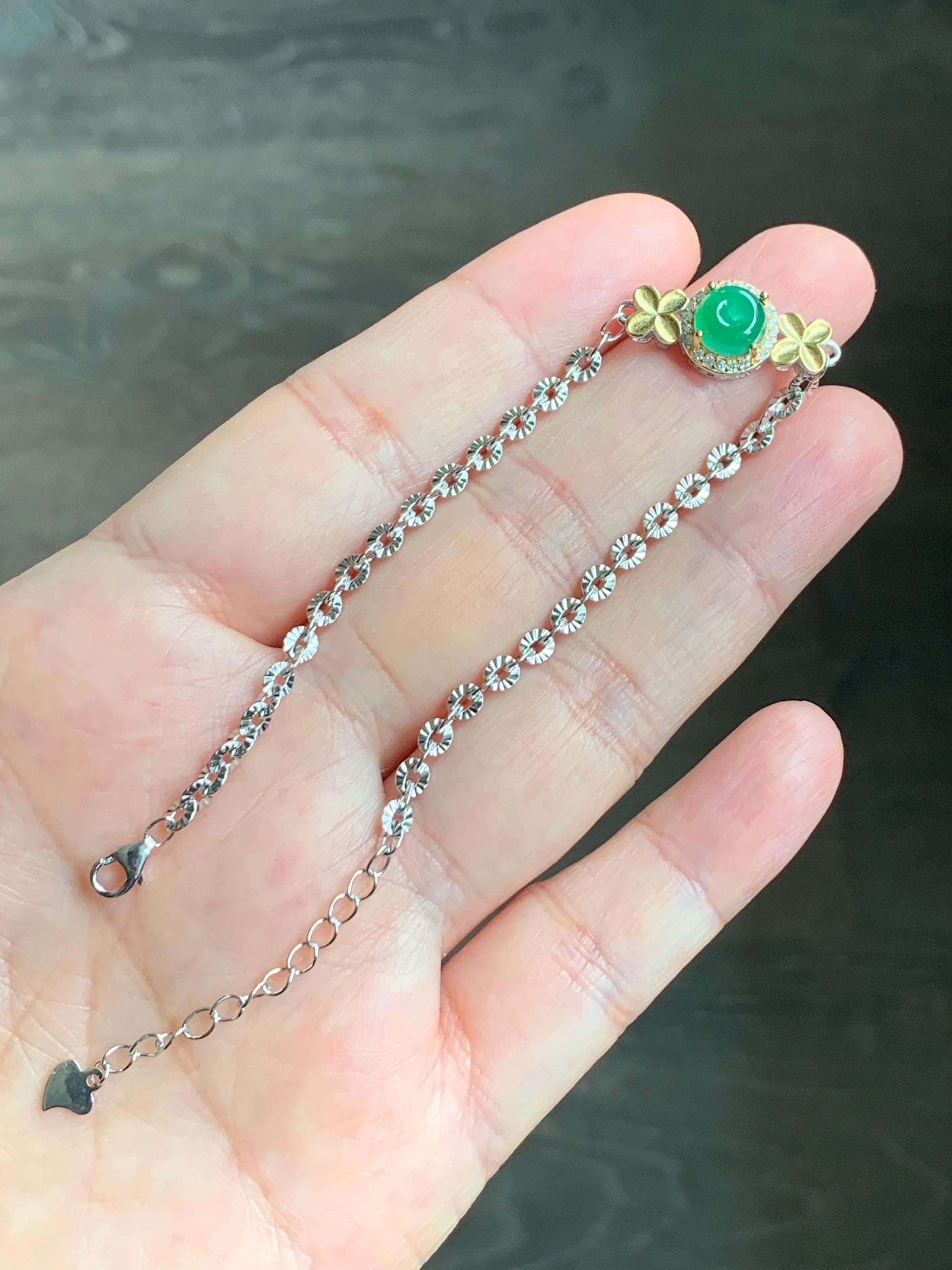 Natural Guatemalan Icy Translucent Vibrant Green Jadeite Mini Ping An Kou Donut Chain Bracelet Sterling Silver 天然冰危绿翡翠迷你平安扣银手链 PAL128J