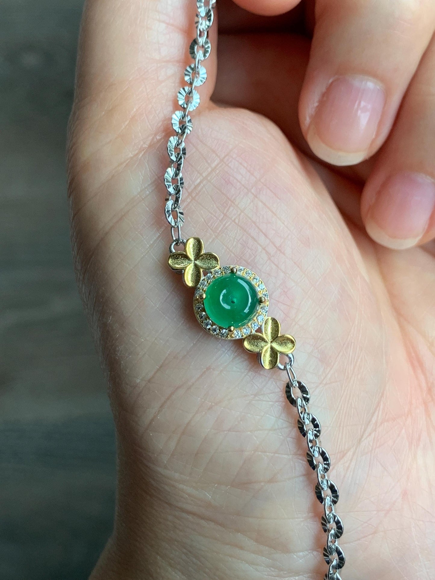 Natural Guatemalan Icy Translucent Vibrant Green Jadeite Mini Ping An Kou Donut Chain Bracelet Sterling Silver 天然冰危绿翡翠迷你平安扣银手链 PAL128J