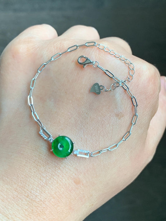 Natural Guatemalan Icy Translucent Vibrant Green Jadeite Mini Ping An Kou Donut Chain Bracelet Sterling Silver 天然冰危绿翡翠迷你平安扣银手链 PAL128Y