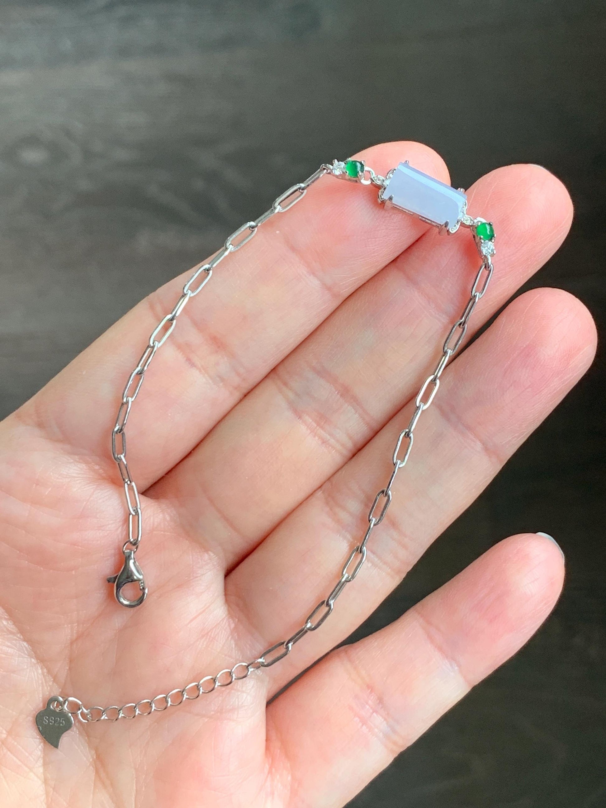 Natural Grade A Icy Translucent Pastel Purple & Vibrant Green Jadeite Chain Bracelet Sterling Silver 6.25”-7.5” 3g 天然冰淡紫翡翠马鞍银手链 DZA98