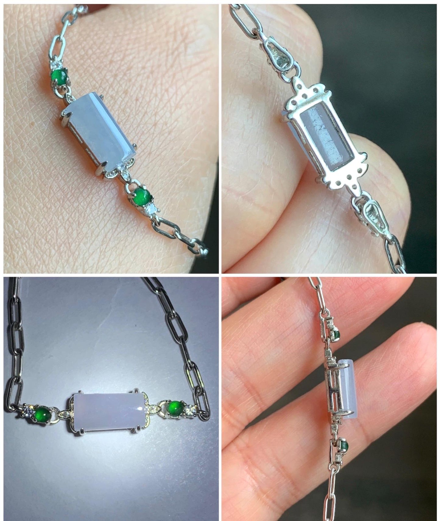 Natural Grade A Icy Translucent Pastel Purple & Vibrant Green Jadeite Chain Bracelet Sterling Silver 6.25”-7.5” 3g 天然冰淡紫翡翠马鞍银手链 DZA98