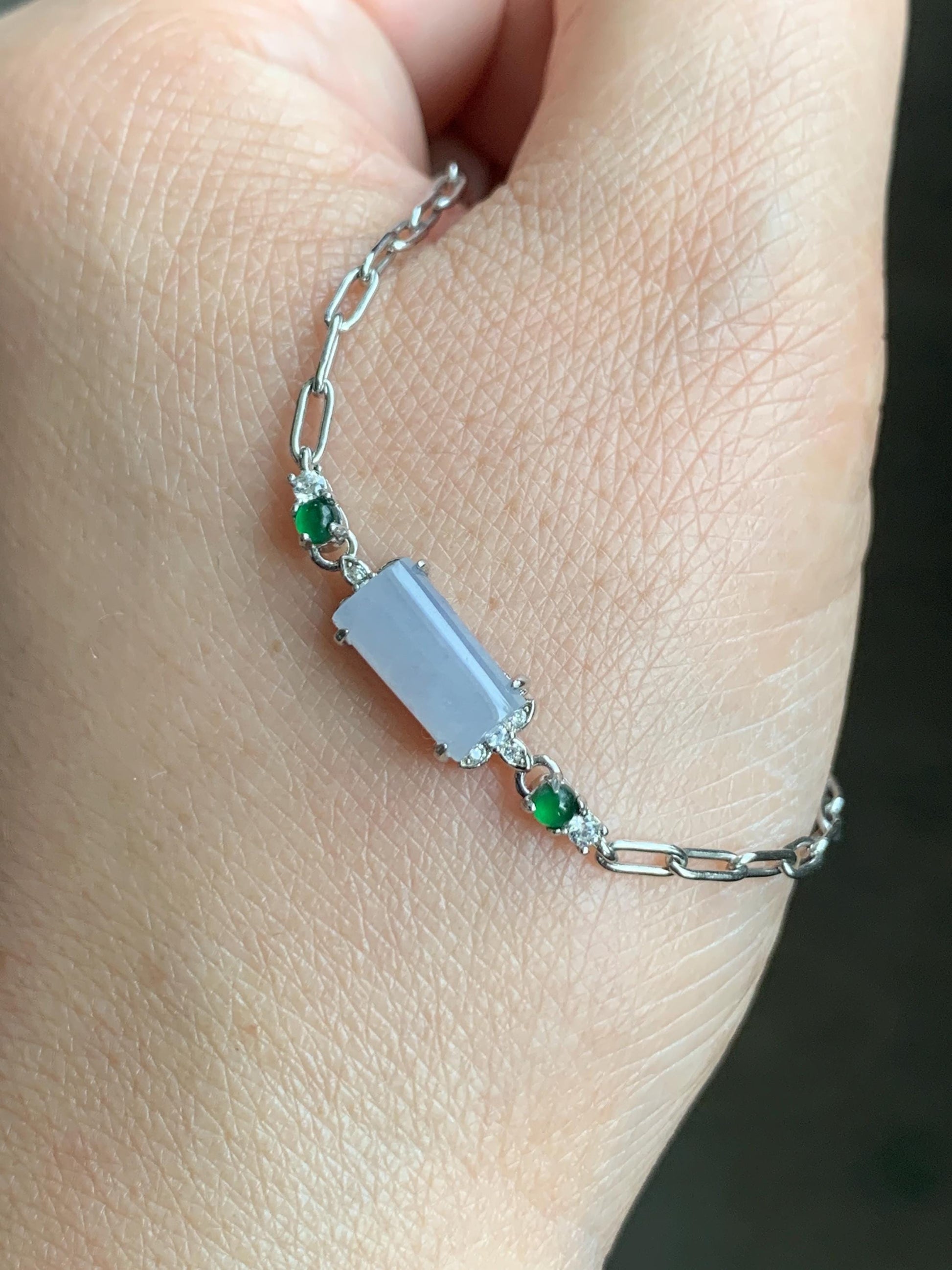 Natural Grade A Icy Translucent Pastel Purple & Vibrant Green Jadeite Chain Bracelet Sterling Silver 6.25”-7.5” 3g 天然冰淡紫翡翠马鞍银手链 DZA98