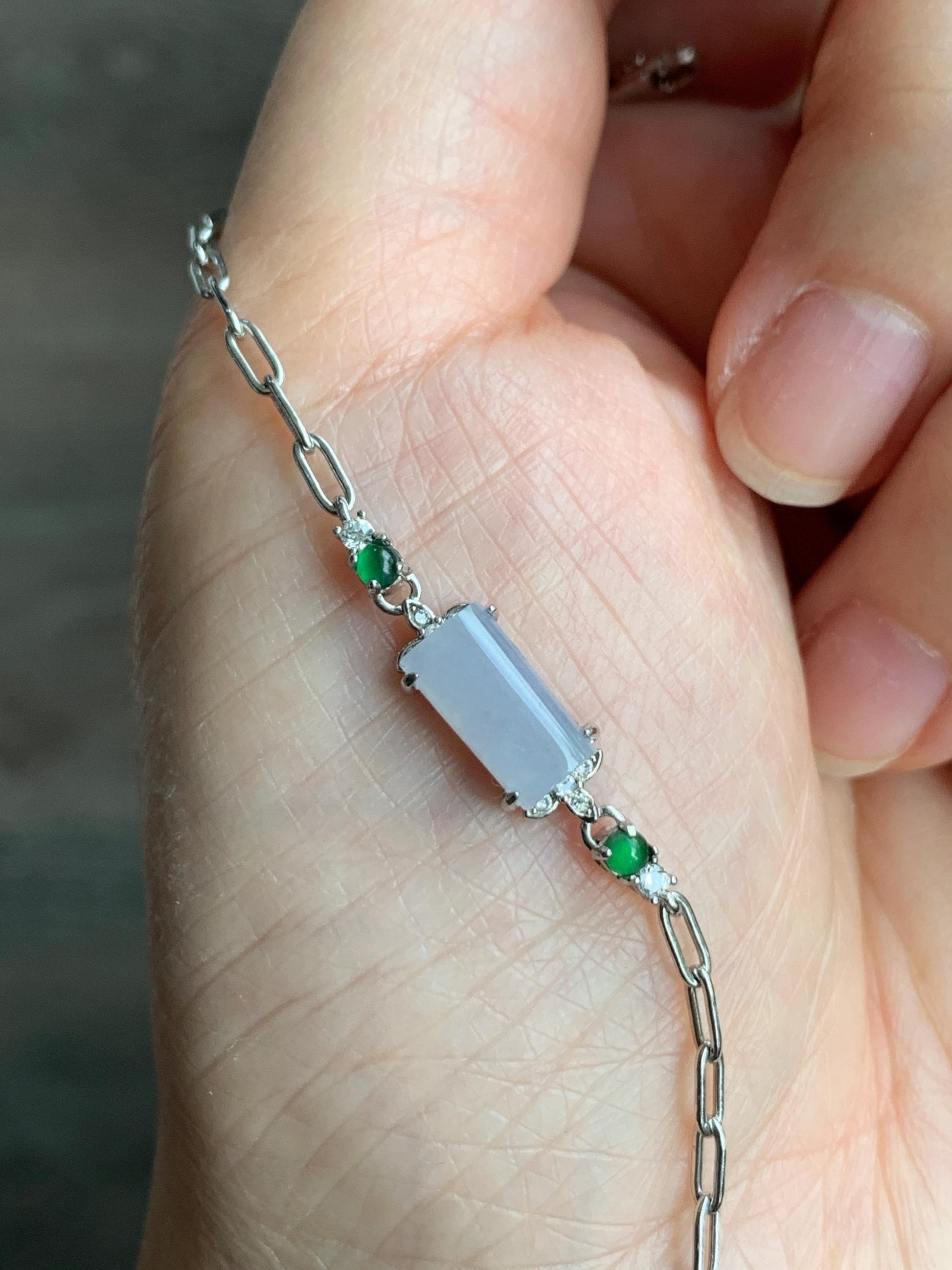 Natural Grade A Icy Translucent Pastel Purple & Vibrant Green Jadeite Chain Bracelet Sterling Silver 6.25”-7.5” 3g 天然冰淡紫翡翠马鞍银手链 DZA98