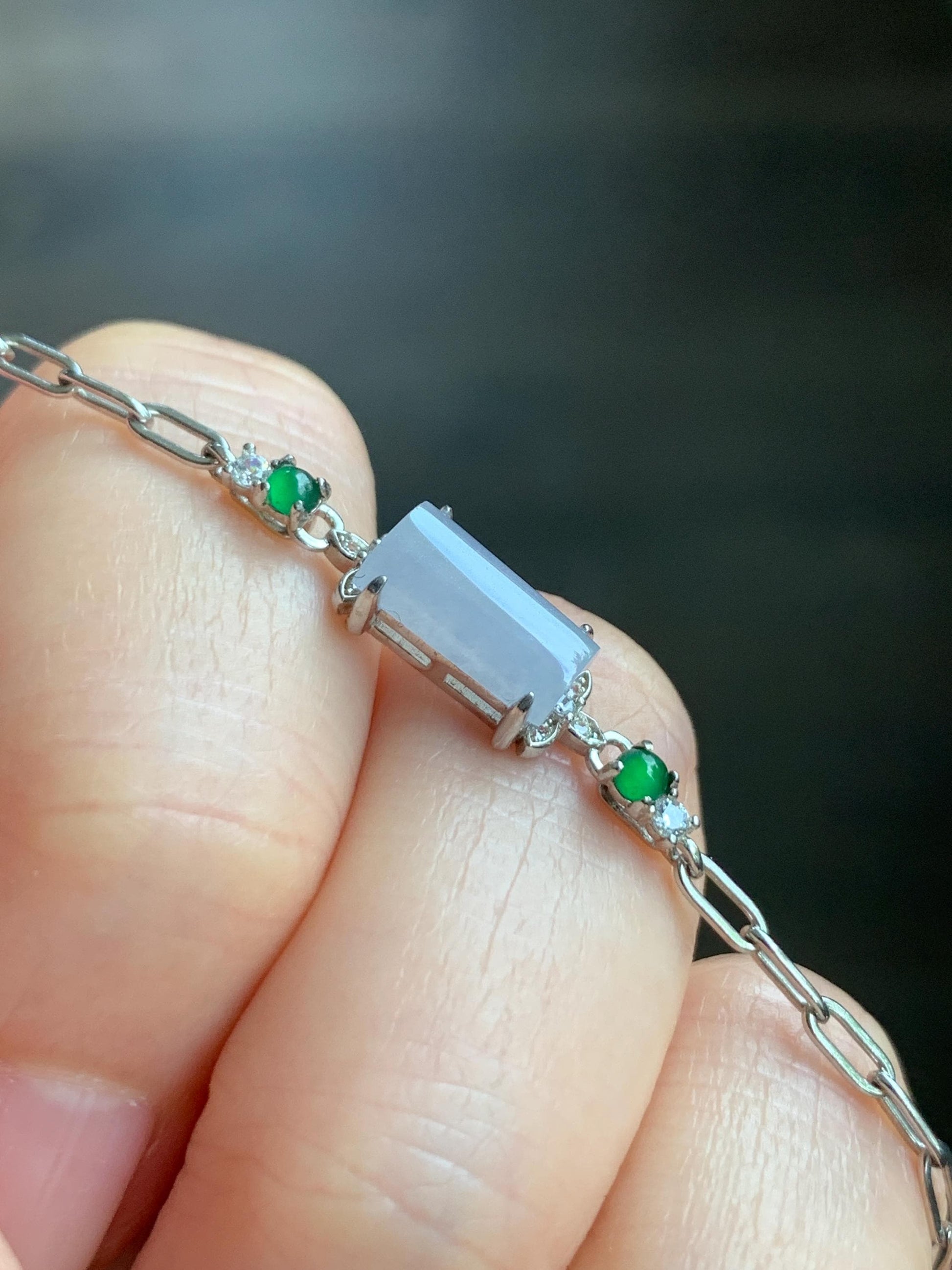 Natural Grade A Icy Translucent Pastel Purple & Vibrant Green Jadeite Chain Bracelet Sterling Silver 6.25”-7.5” 3g 天然冰淡紫翡翠马鞍银手链 DZA98