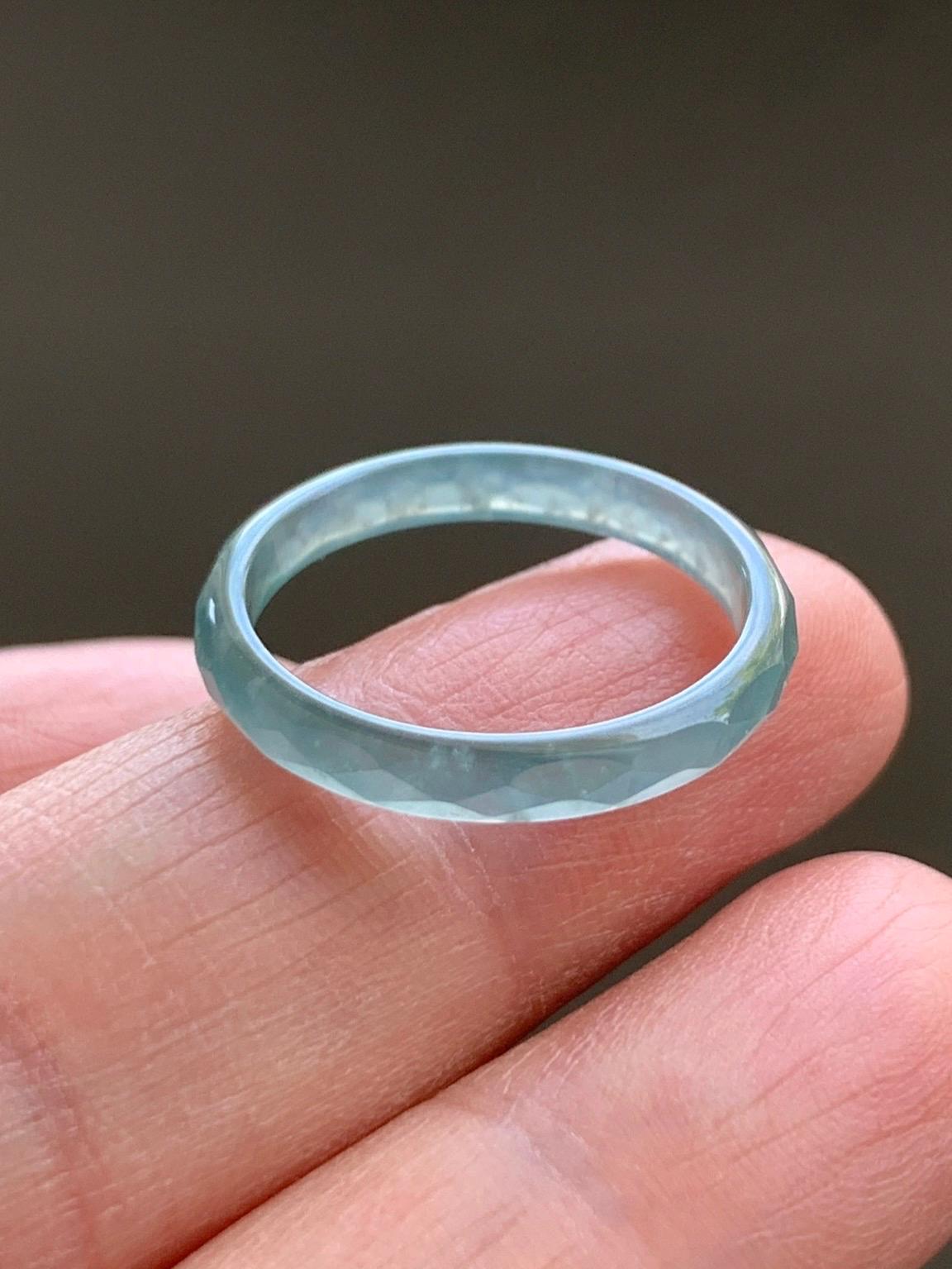Natural Guatemalan Icy Highly Translucent Gelatinous Pastel Teal Blue Jadeite Diamond Faceted Slim Band Ring Size 6.5 天然冰危浅蓝起光翡翠切割面戒圈 DLQG-D