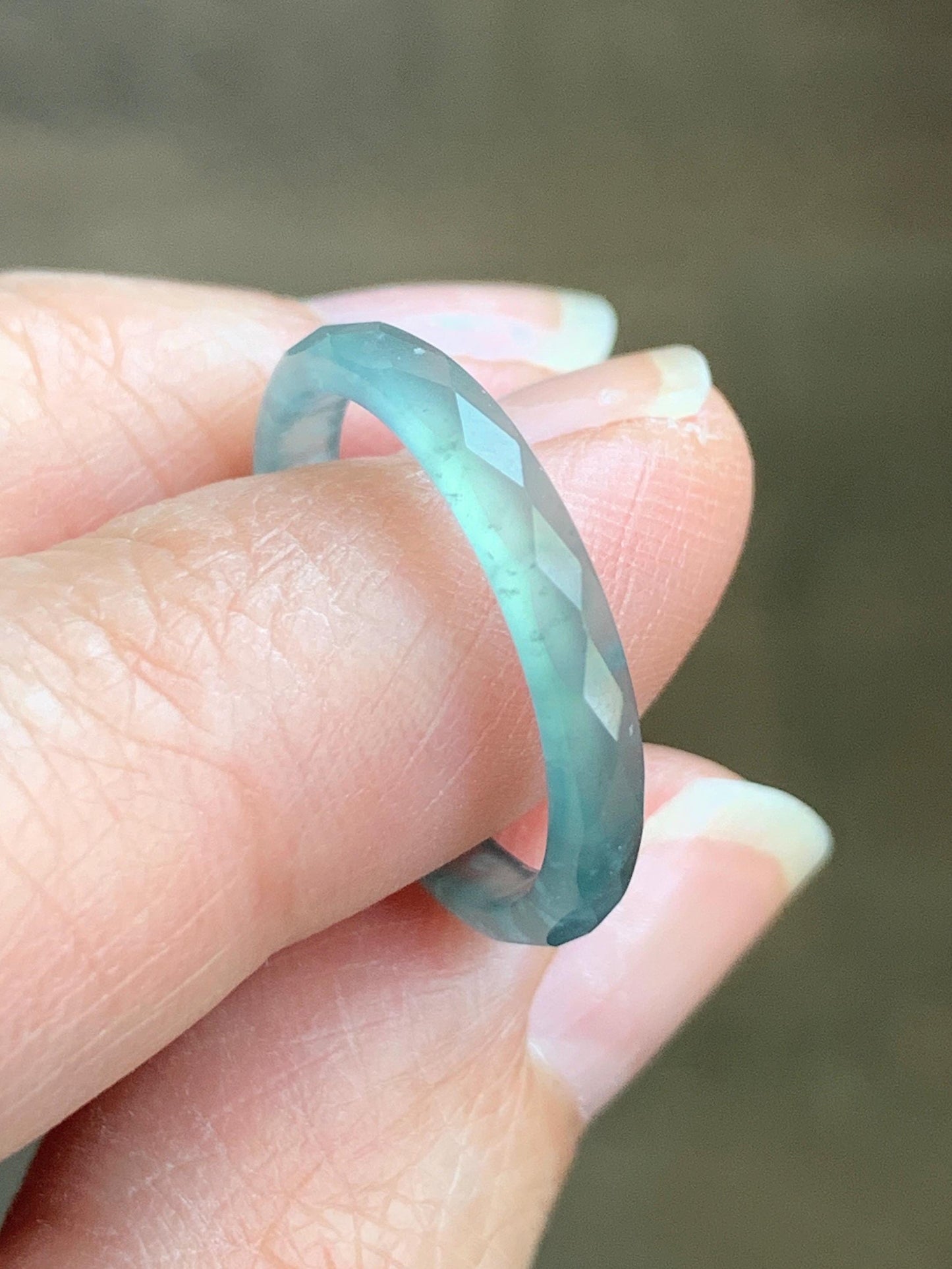 Natural Guatemalan Icy Highly Translucent Gelatinous Pastel Teal Blue Jadeite Diamond Faceted Slim Band Ring Size 6.5 天然冰危浅蓝起光翡翠切割面戒圈 DLQG-D