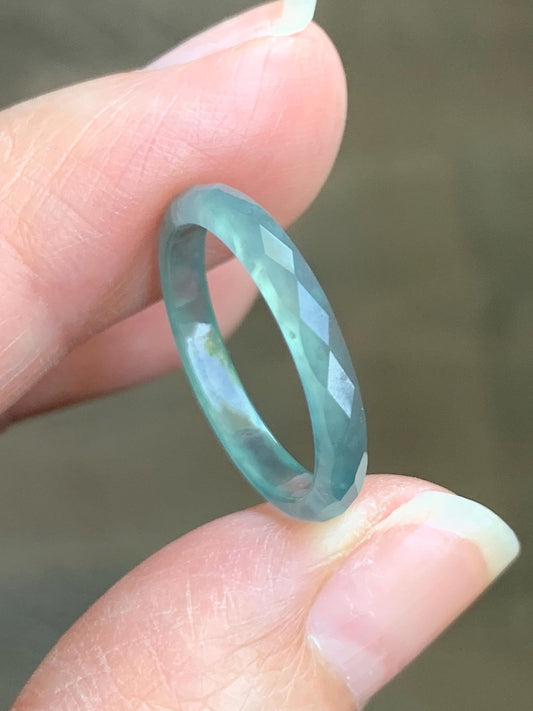 Natural Guatemalan Icy Highly Translucent Gelatinous Pastel Teal Blue Jadeite Diamond Faceted Slim Band Ring Size 6.5 天然冰危浅蓝起光翡翠切割面戒圈 DLQG-D