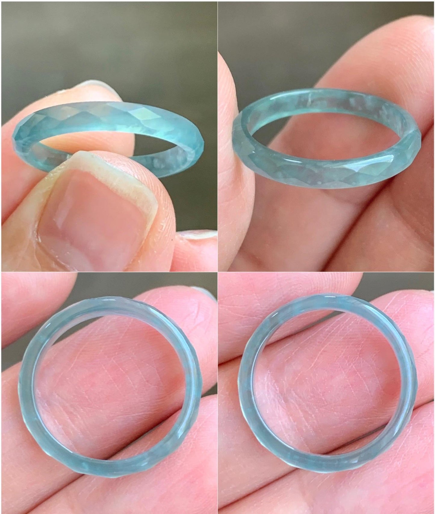 Natural Guatemalan Icy Highly Translucent Gelatinous Pastel Teal Blue Jadeite Diamond Faceted Slim Band Ring Size 6.5 天然冰危浅蓝起光翡翠切割面戒圈 DLQG-D