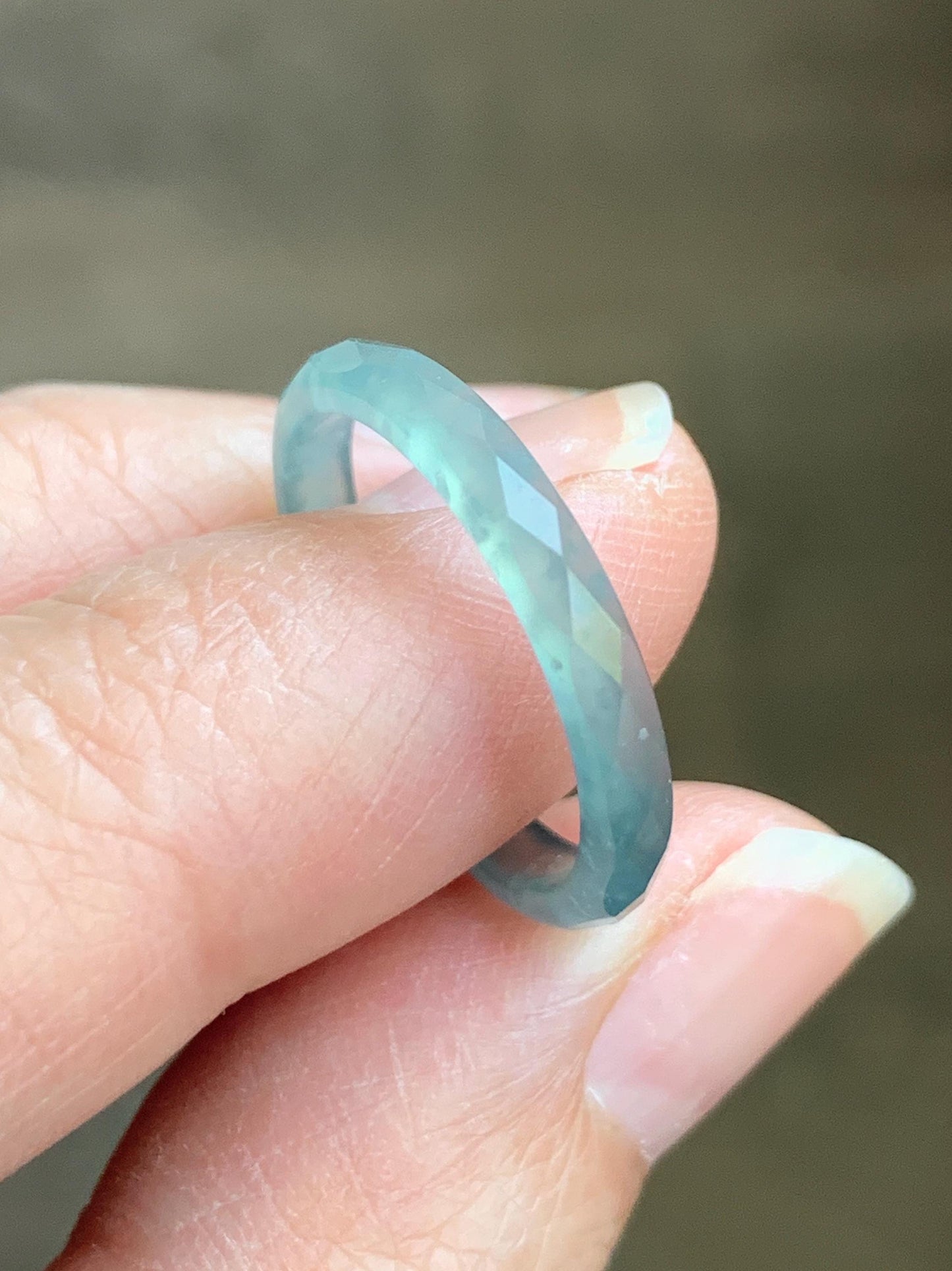 Natural Guatemalan Icy Highly Translucent Gelatinous Pastel Teal Blue Jadeite Diamond Faceted Slim Band Ring Size 6.5 天然冰危浅蓝起光翡翠切割面戒圈 DLQG-D