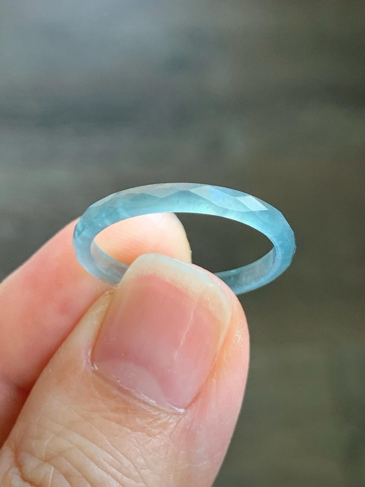 Natural Guatemalan Icy Highly Translucent Gelatinous Pastel Teal Blue Jadeite Diamond Faceted Slim Band Ring Sz 7.25 天然冰危浅蓝起光翡翠切割面戒圈 DLQG-C