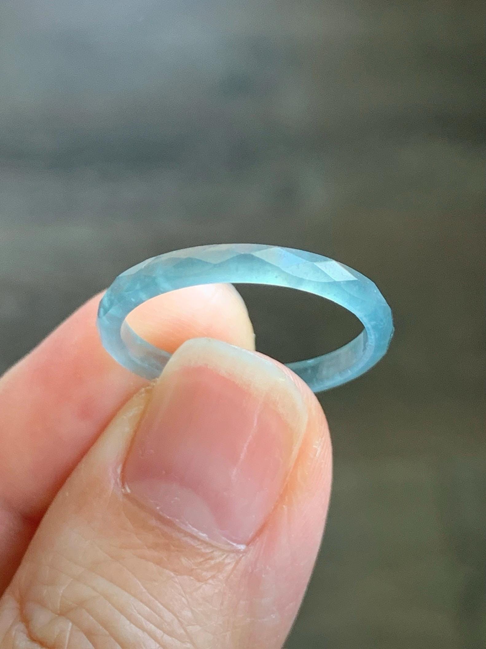 Natural Guatemalan Icy Highly Translucent Gelatinous Pastel Teal Blue Jadeite Diamond Faceted Slim Band Ring Sz 7.25 天然冰危浅蓝起光翡翠切割面戒圈 DLQG-C
