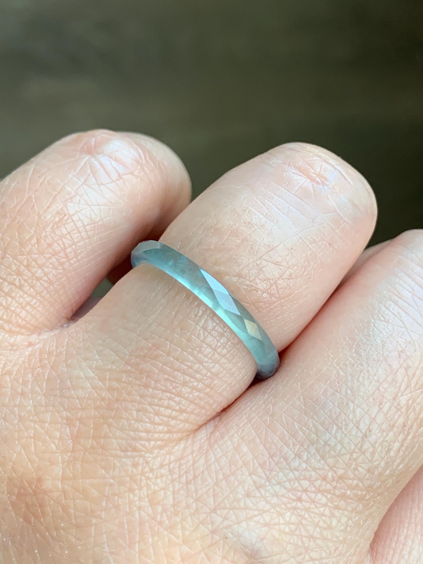 Natural Guatemalan Icy Highly Translucent Gelatinous Pastel Teal Blue Jadeite Diamond Faceted Slim Band Ring Sz 7.25 天然冰危浅蓝起光翡翠切割面戒圈 DLQG-C