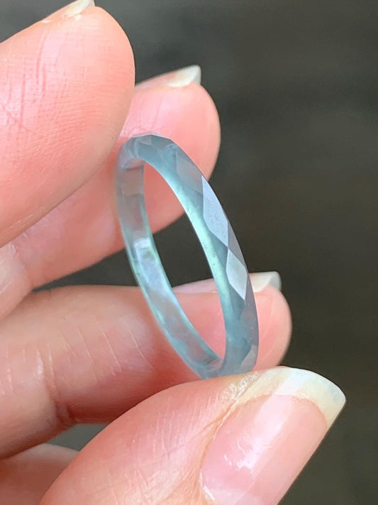 Natural Guatemalan Icy Highly Translucent Gelatinous Pastel Teal Blue Jadeite Diamond Faceted Slim Band Ring Sz 9.25 天然冰危浅蓝起光翡翠切割面戒圈 DLQG-B