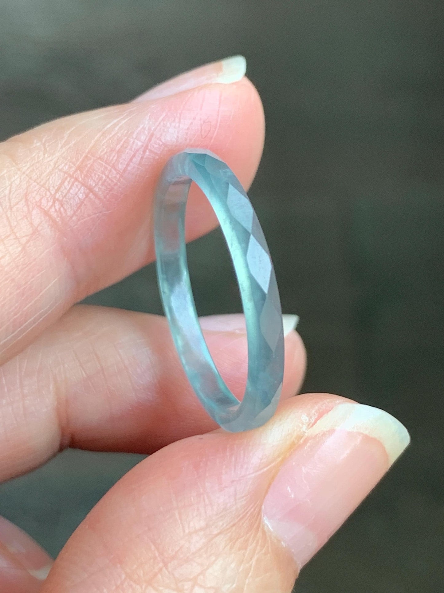 Natural Guatemalan Icy Highly Translucent Gelatinous Pastel Teal Blue Jadeite Diamond Faceted Slim Band Ring Sz 9.25 天然冰危浅蓝起光翡翠切割面戒圈 DLQG-B